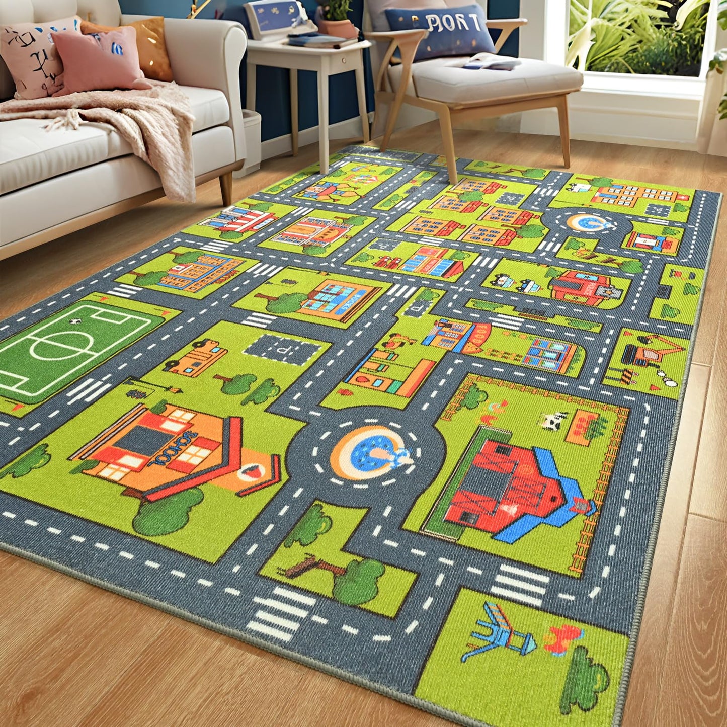 Merelax 5x8 Kids Car Area Rug, Grey Green Area Road Rugs for Living Room Playroom Classroom Bedroom, Non Slip Kids Play mat, Washable Rug, Educational City Traffic Map Fun Car Carpet for Ages 3-12