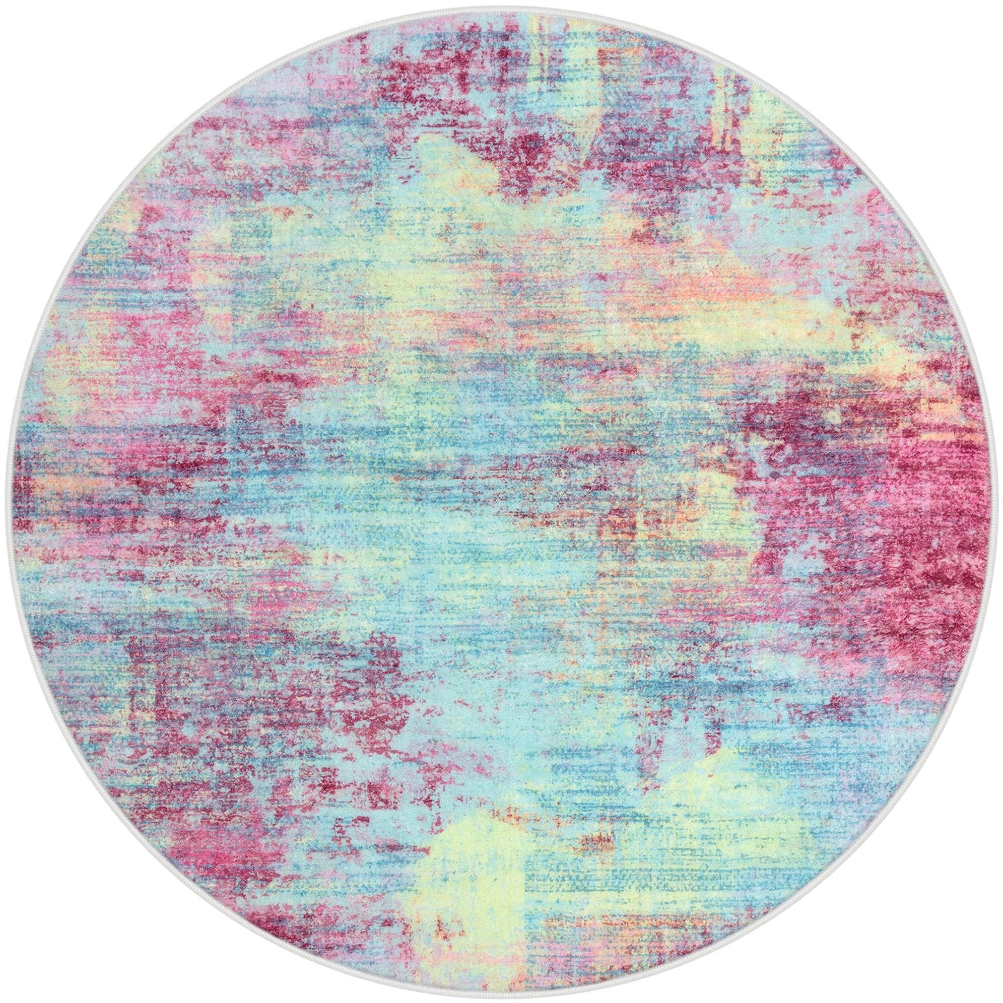 IOHOUZE Round Area Rug 3 Ft Circle Entryway Rugs Round Washable Door Mat Indoor Entrance, Non Slip Circle Front Door Rug, Printed Abstract Faux Wool Floor Carpet for Foyer Porch Sink, Pink Teal