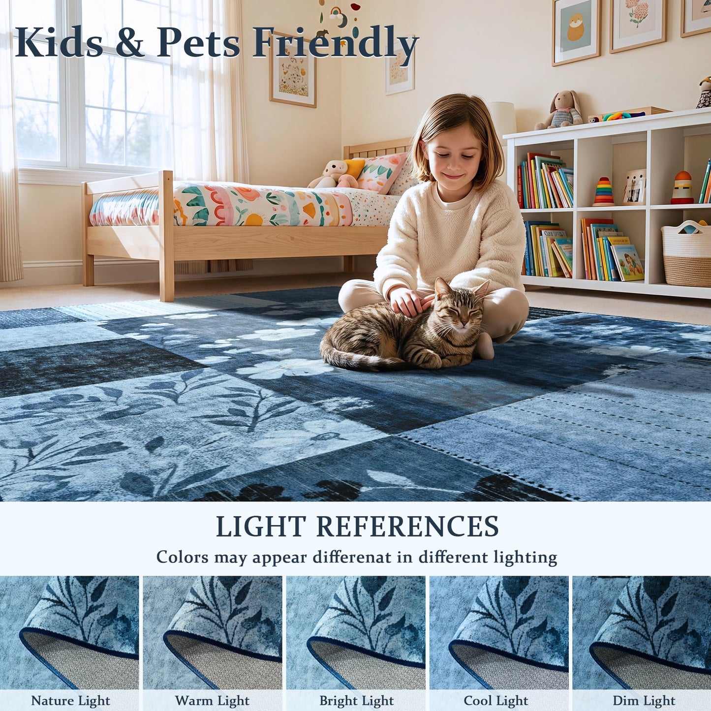 FALARK 6x9 Area Rug for Living Room, Modern Geometric Patchwork Large Rug, Washable Non-Slip Indoor Low Pile Carpet for Bedroom Dining Room Office Playroom Home Dorm Decor, Blue