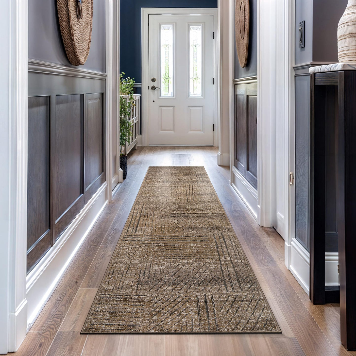Rugshop Modern Patchwork High-Low Indoor Runner Rug, Earthtone Geometric Design, Jute Backing, Hallway Entryway Kitchen Rug, Easy-Care Spot Clean, 2' 3" x 12' Brown