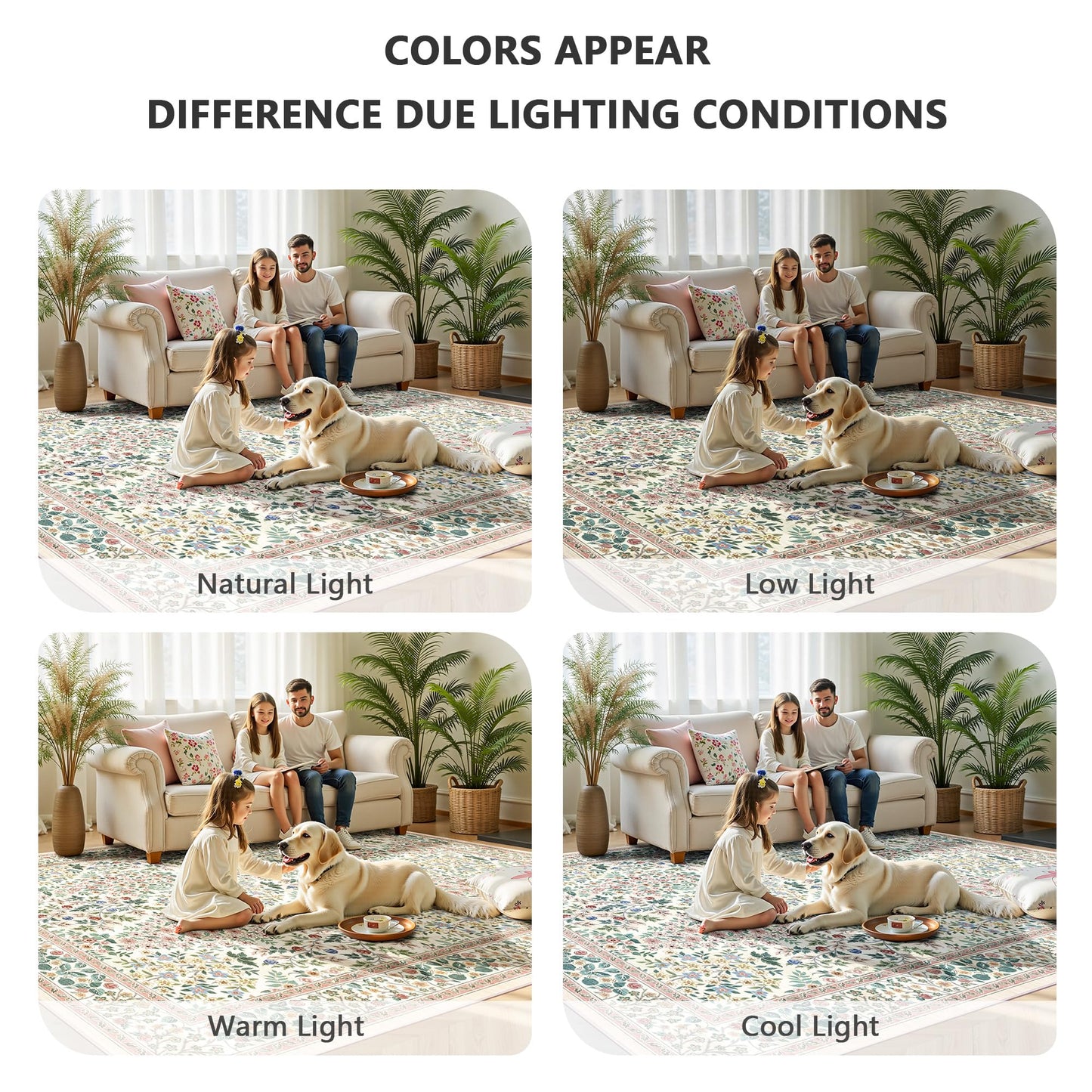 Yarooge 6x6 Square Area Rugs, Machine Washable Low Pile Floral Rugs for Living Room, Bedroom, Large Boho Area Rug with Non-Slip Backing for Dining Room(Pink Floral)
