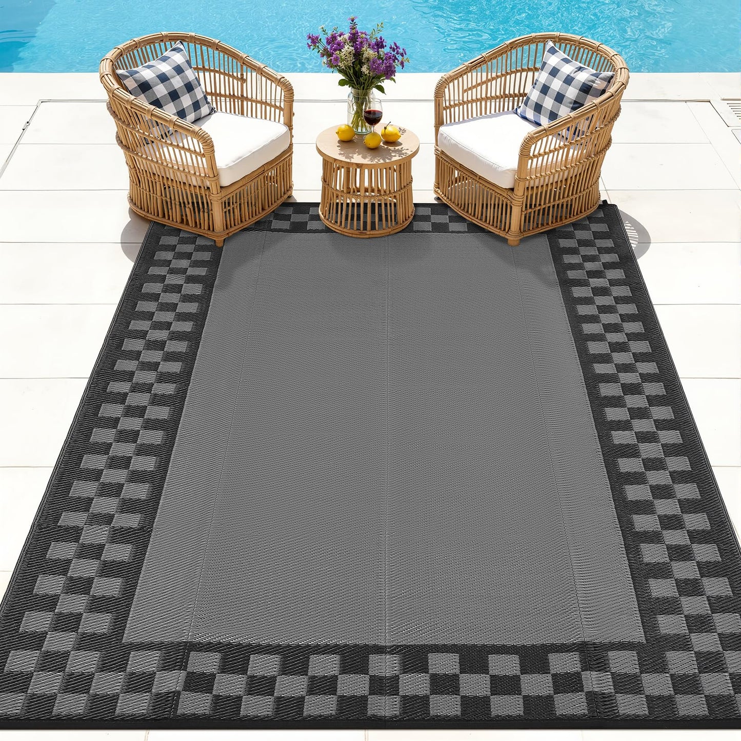 Checkered Outdoor Rug 8x10 Waterproof Modern Bordered Patio Rugs Plastic Straw Rug Large Indoor Outdoor Throw Carpets Reversible Mat for Picnic, Backyard, Rv, Beach, Deck, Camper, Balcony, Grey