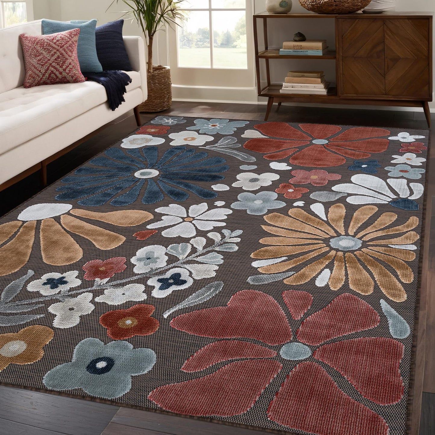 Beverly Rug Outdoor Rug 8x10 Modern Floral Tropical Area Rugs for Outdoor and Indoor Patio Easy to Clean Non Shedding Living Room Porch Garden Washable Outside Carpet (8 x 10 Terracotta)