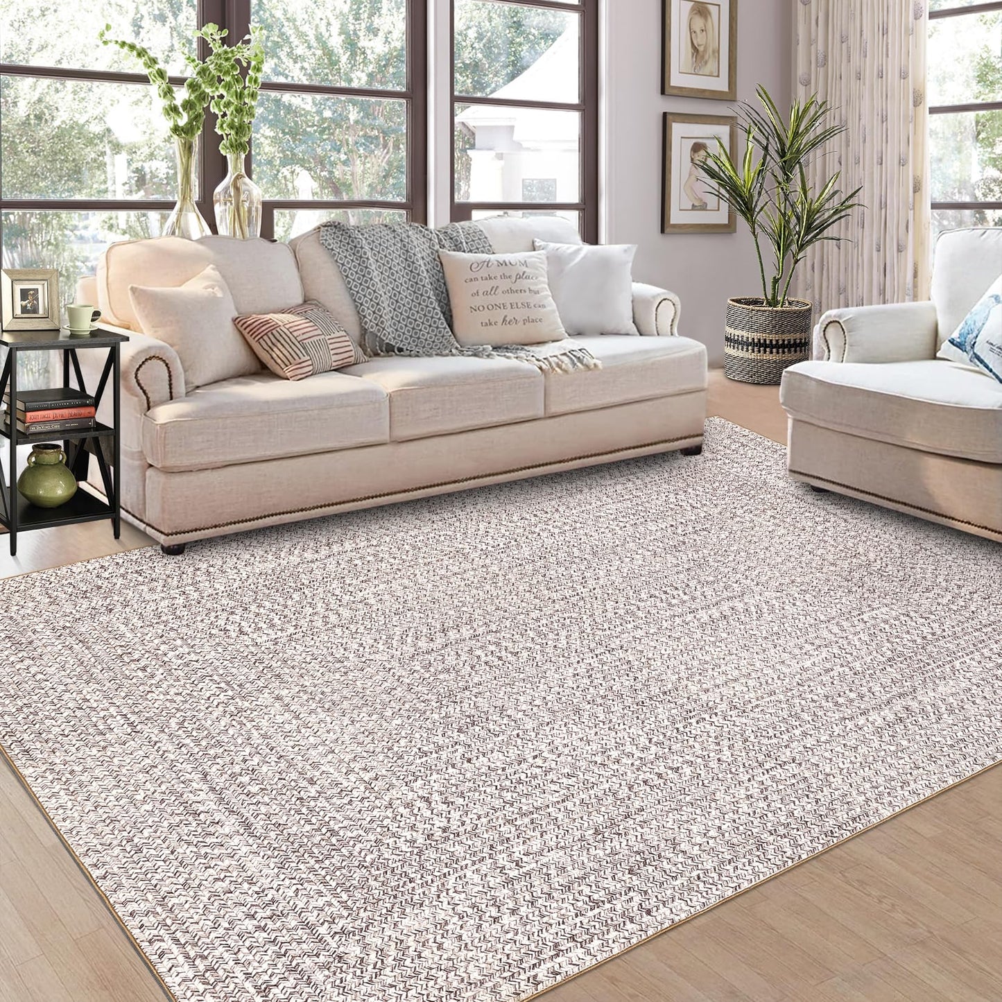 ROYHOME 9x12 Area Rug Large Machine Washable Rug for Living Room Print Braided Accent Rug Stain Resistant Non-Slip Carpet Farmhouse Solid Printed Textured Floor Cover for Home Decor, Beige/Grey