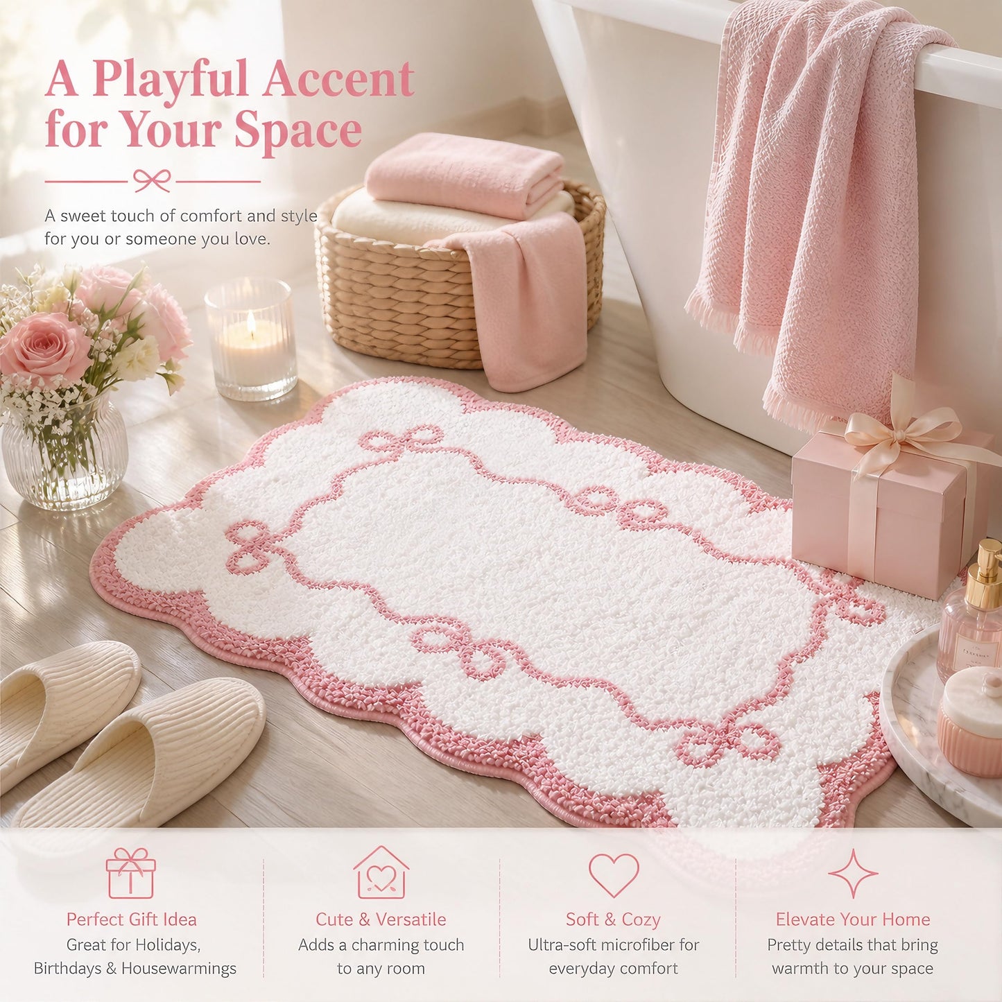 Softania Pink Scalloped Bow Bathroom Rug - 20x32 Inch Cute Coquette & Preppy Bath Mat for Apartment, Vanity & Dorm, Soft Plush Microfiber Mat, Non-Slip & Washable