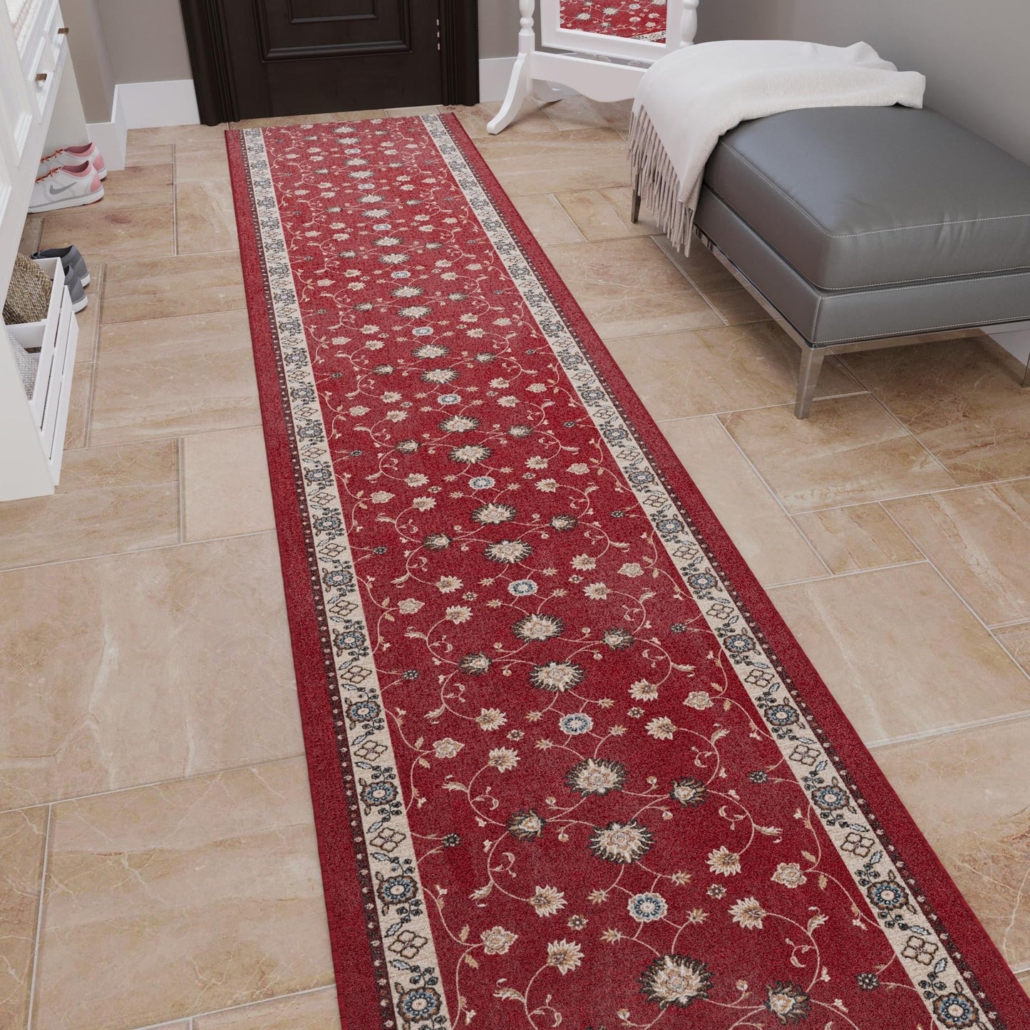 Ottomanson Aisle Runner Rug 1'10.5" x 20' – Soft Non-Slip Rug, Low Pile Carpet for Hallways, Events, Churches & Extra-Long Indoor Spaces, Mahal Red