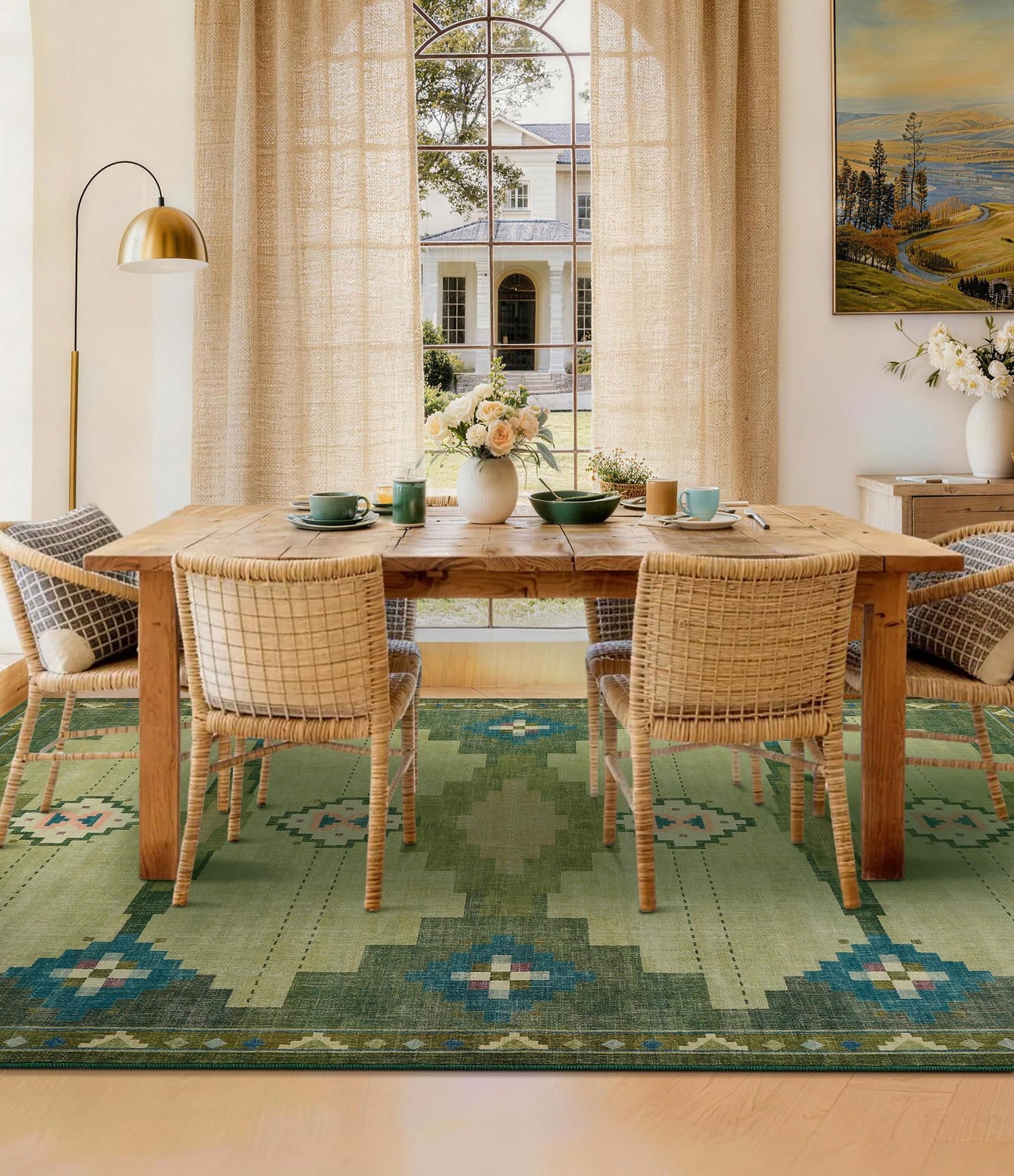 YIHOUSE Mid Century Modern Rugs for Living Room, 8x10 Green Rug No-Slip Southwestern Large Area Rug Washable Rugs for Bedroom, Dining Room