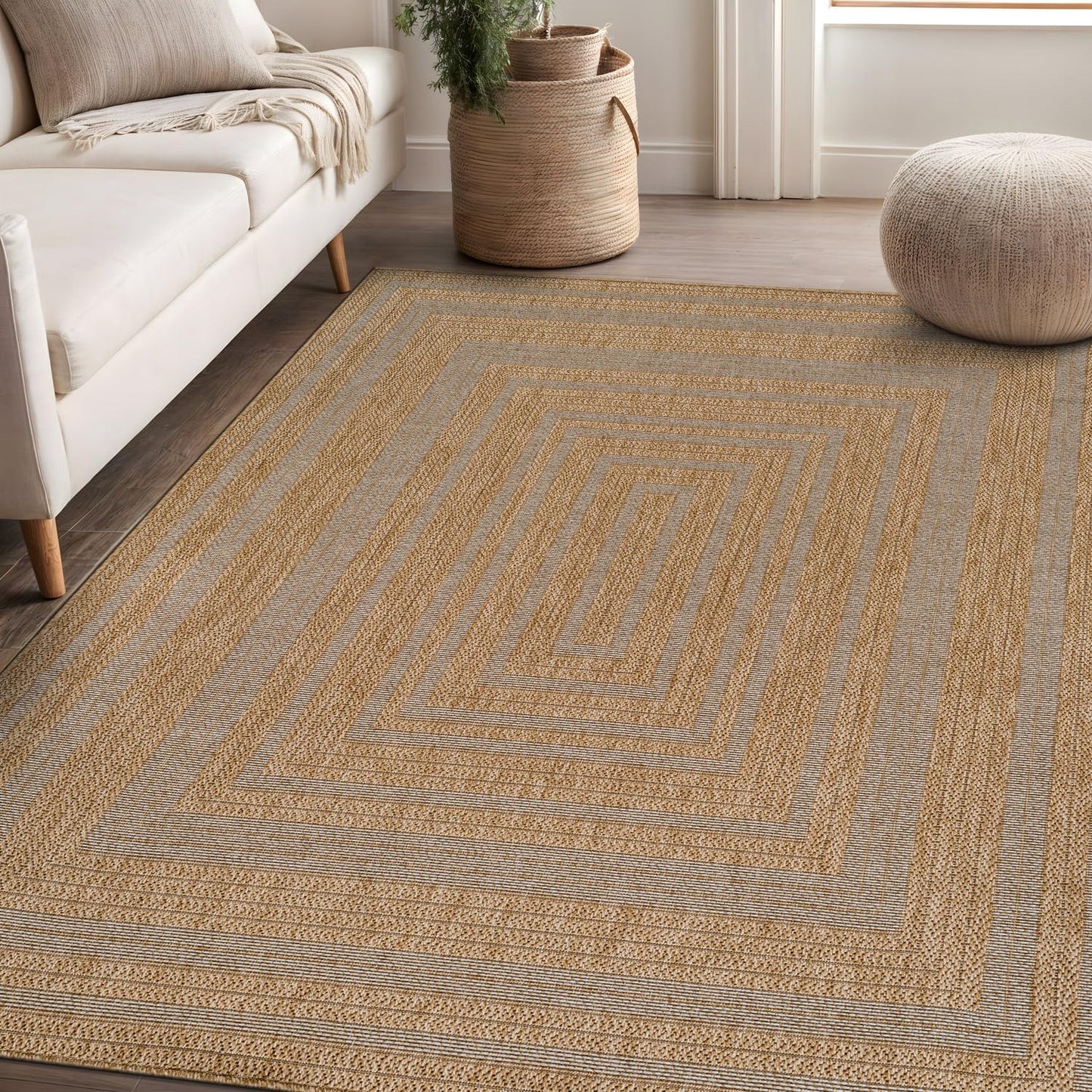Beverly Rug Easy Jute Framed Border Rug 10x14 Washable Large Indoor Outdoor Area Rugs for Living Dining Room Patio Office Stain Resistant Non Shedding Casual Indoor Outside Carpet 10 x 14 Natural