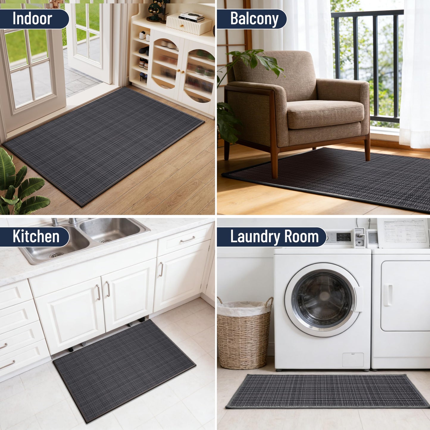 Indoor Front Door Mat Entry Mat 17"x30", Braided Low-Profile Welcome Door Mat Indoor Entrance, Non Slip Rubber Backing Thin Inside Entryway Doormat Washable Dirt Resistant & Absorbent, Black/Dark Gray