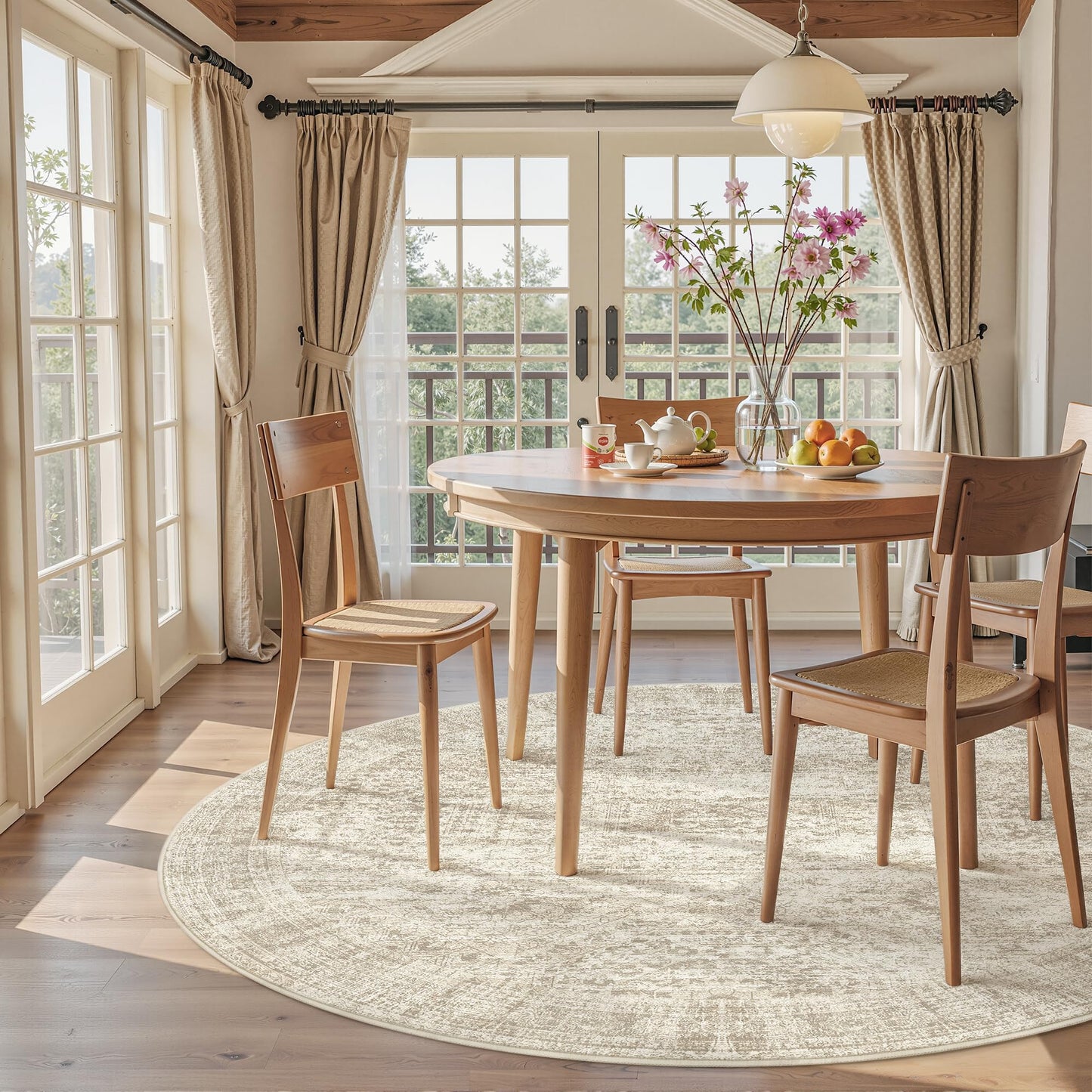 Soalmost 6x6 Beige Round Rug 6ft Living Room Circle Rug Vintage Round Area Rug Non Slip Indoor Carpet for Dining Room Bedroom