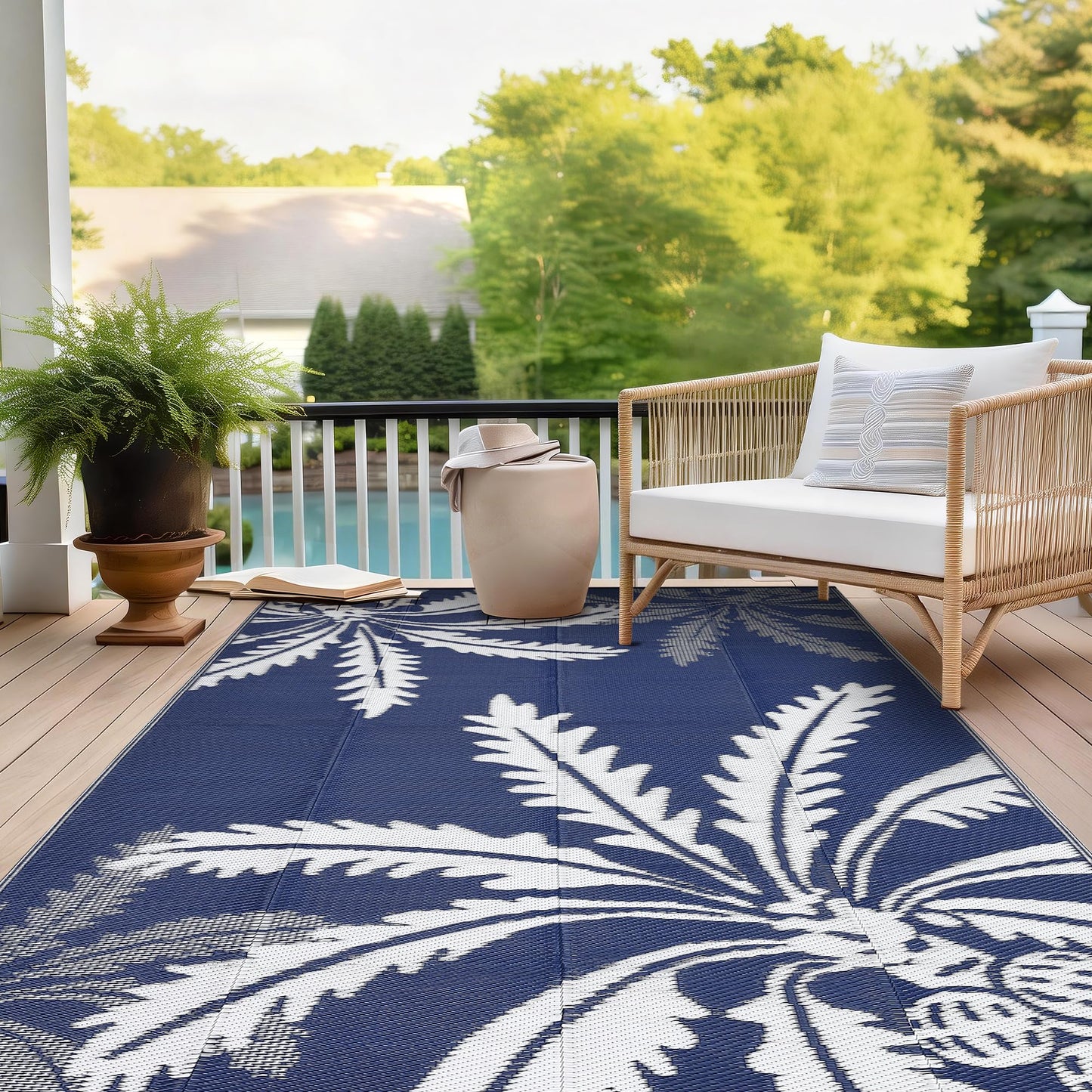 IDEALHOUSE Waterproof Outdoor Rug 8x10 for Patio, Reversible Modern Area Rug, Large Plastic Straw Mat for Camping, RV, Porch, Backyard, Deck, Picnic, Beach, Blue & White