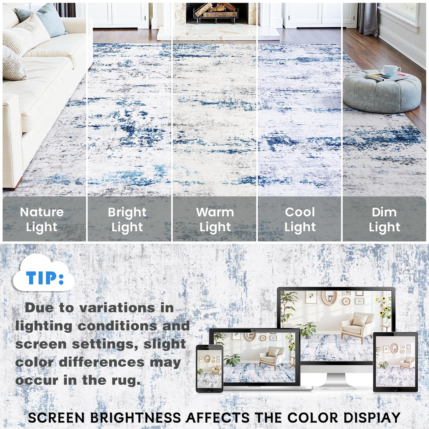 Area Rug Living Room Rugs: 5x7 Large Soft Indoor Carpet Modern Abstract Rug with Non Slip Rubber Backing for Under Dining Table Nursery Home Office Bedroom White Gray Blue