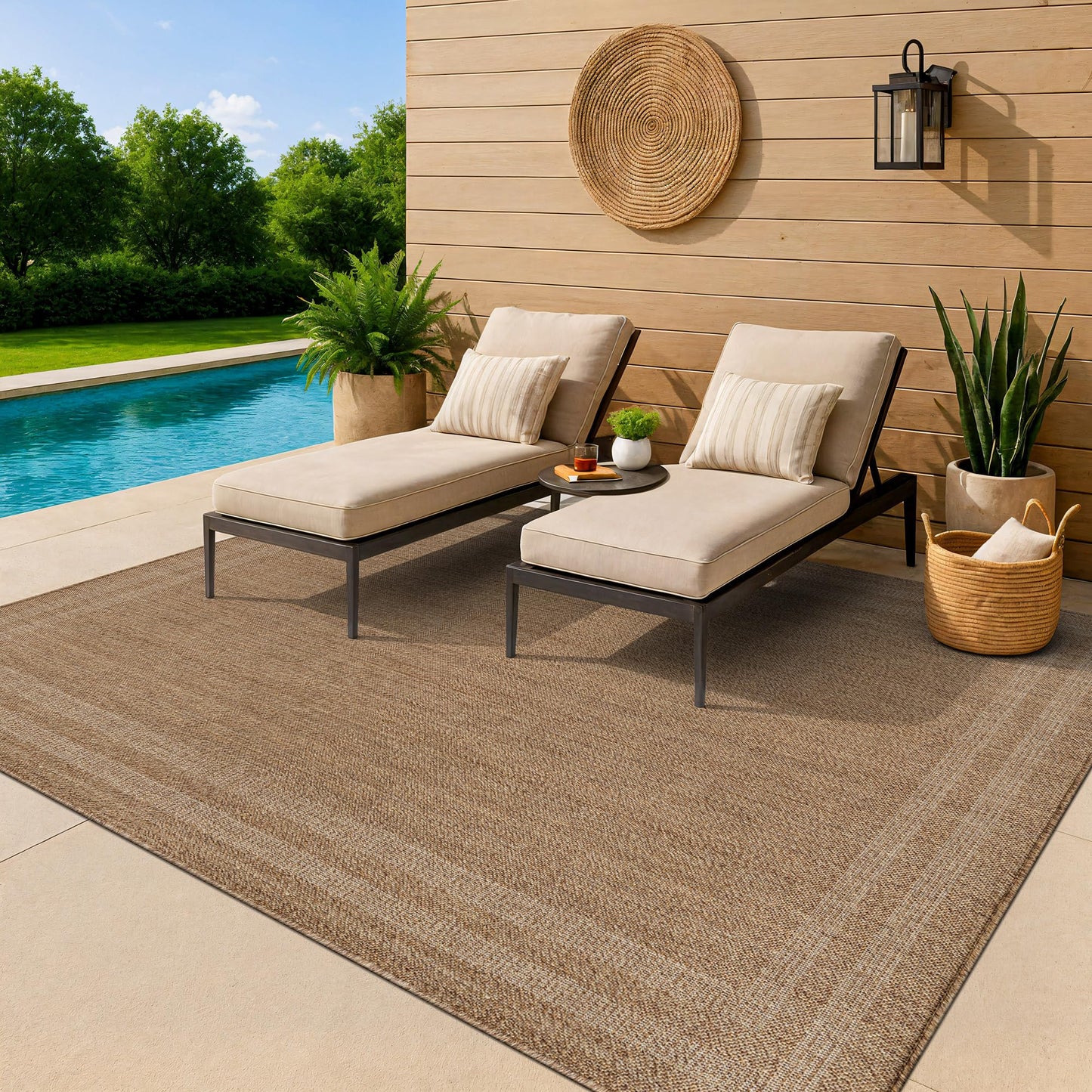 Rugshop Border Stripe Indoor Outdoor Flat Woven Area Rug,Natural Jute-Style,Easy-Care Patio Rug for Backyard Porch Deck Balcony, 5' x 7' Sand/Natural