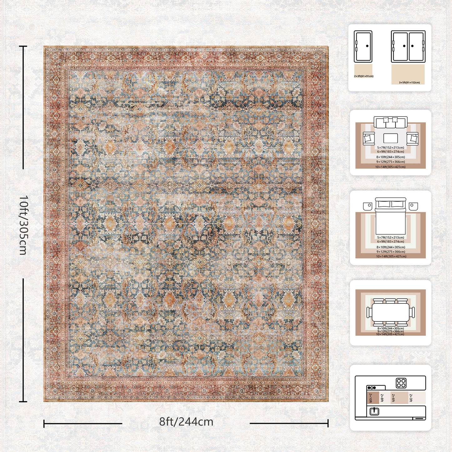 Yarooge 8x10 Area Rugs for Living Room - Washable Vintage Retro Large Rug, Soft Ultra Thin Non Slip Low Pile Traditional Distressed Boho Carpet for Bedroom Dining Room Home Office, Rust Clay