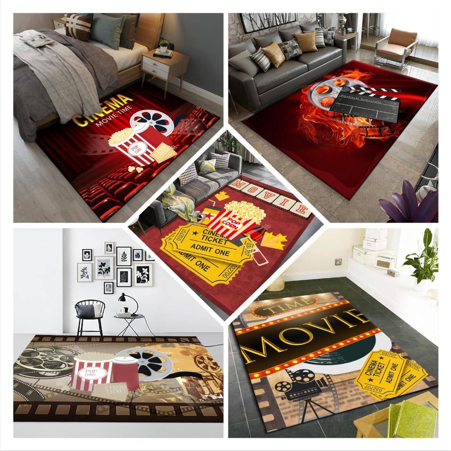 Houient Movie Theatre Rug, 5x6ft, Retro Cinema Themed Style Popcorn Filmstrip and Drink Design Doormat, Modern Home Theater Room Deco Carpet with Anti-Skid Backing for Indoor Bathroom Dorm Playroom