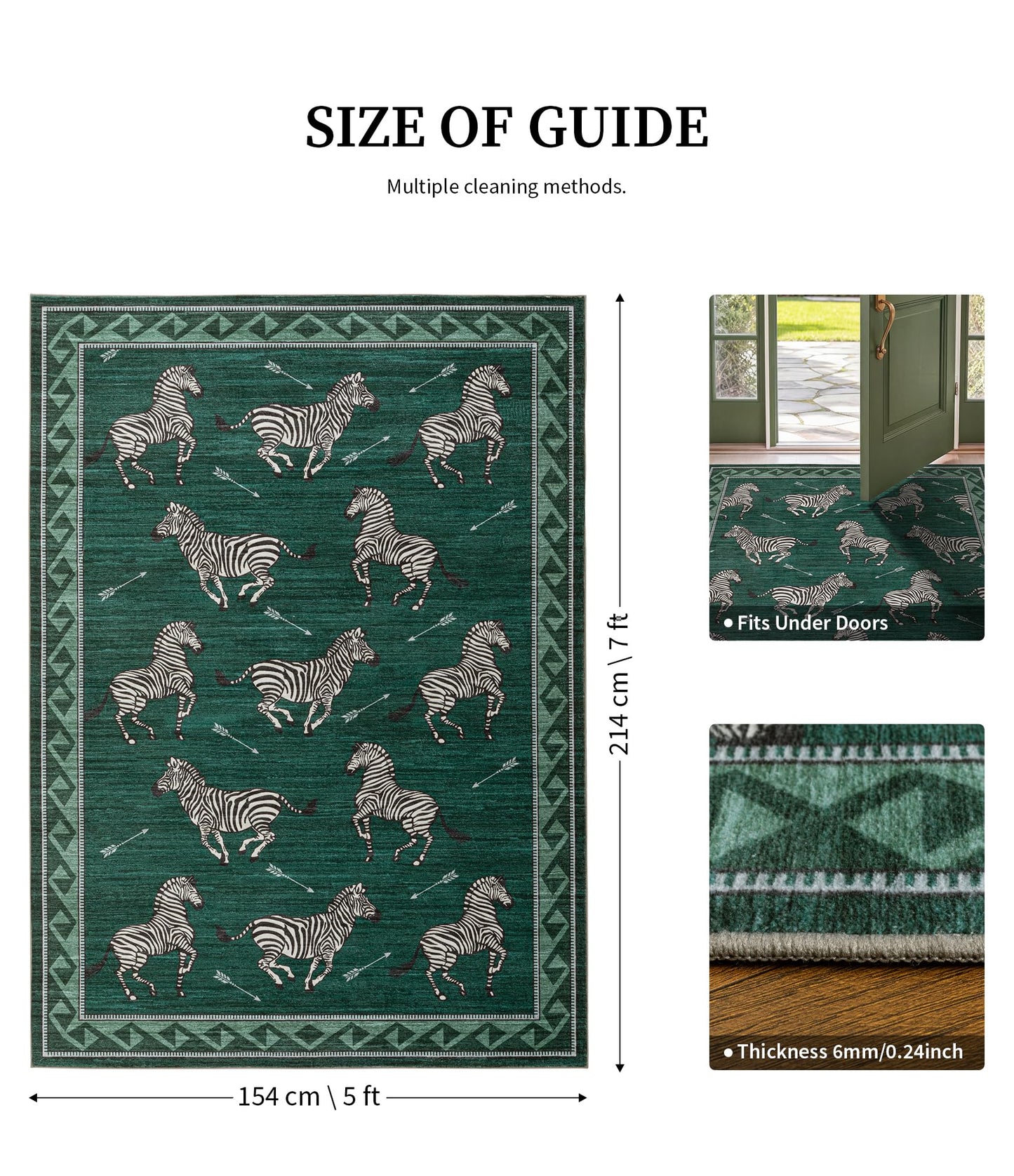 YIHOUSE Green Zebra Area Rugs 5×7, Washable Animal Print Rug with Southwestern Border, Non-Slip Low Pile Mid-Century Modern Carpet for Living Room, Bedroom, Dining Room