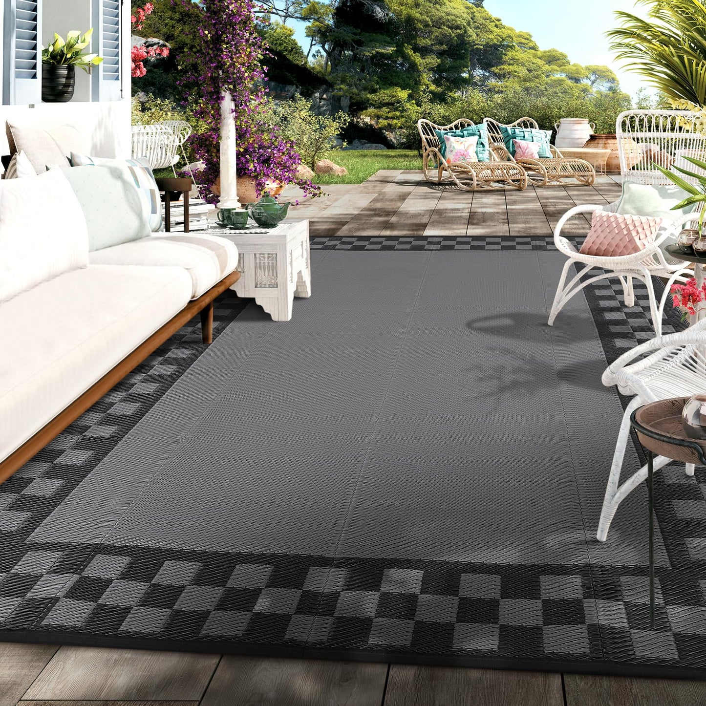 9x12 Outdoor Rug Waterproof Foldable Plastic Straw Carpet for Patio Porch Modern Checkered Reversible Mat Lightweight Floor Mat for Picnic, Backyard, Rv, Beach, Deck, Camper, Balcony, Grey