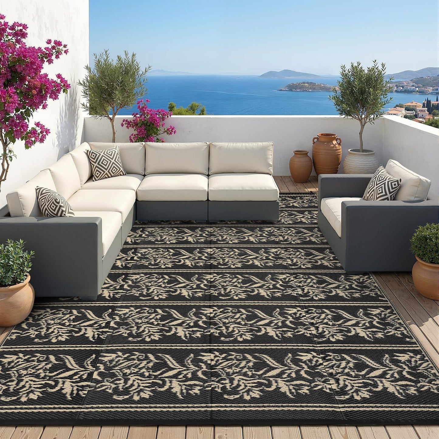 Garvee Outdoor Rugs 5x8 Waterproof Reversible Mat Boho Leaf Patio Rug with 4 Stakes and Starage Bag, Large Outdoor RV Mat Rugs for Camping, Picnic, Balcony, Deck, Backyard, Black & Brown