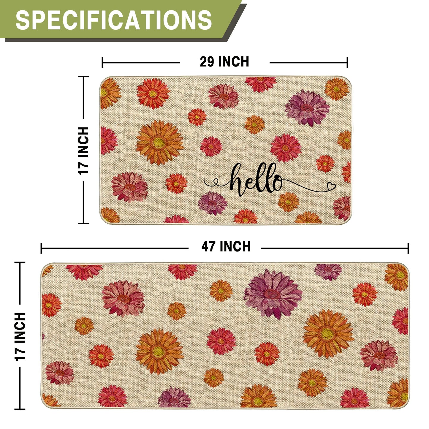 Tikeciti Spring Summer Vibrant Daisies Kitchen Mats Set of 2, Daisy Floral Kitchen Rugs Seasonal Holiday Floor Non-Slip Low Profile Mat Farmhouse Home Decor 17x29 and 17x47 Inch