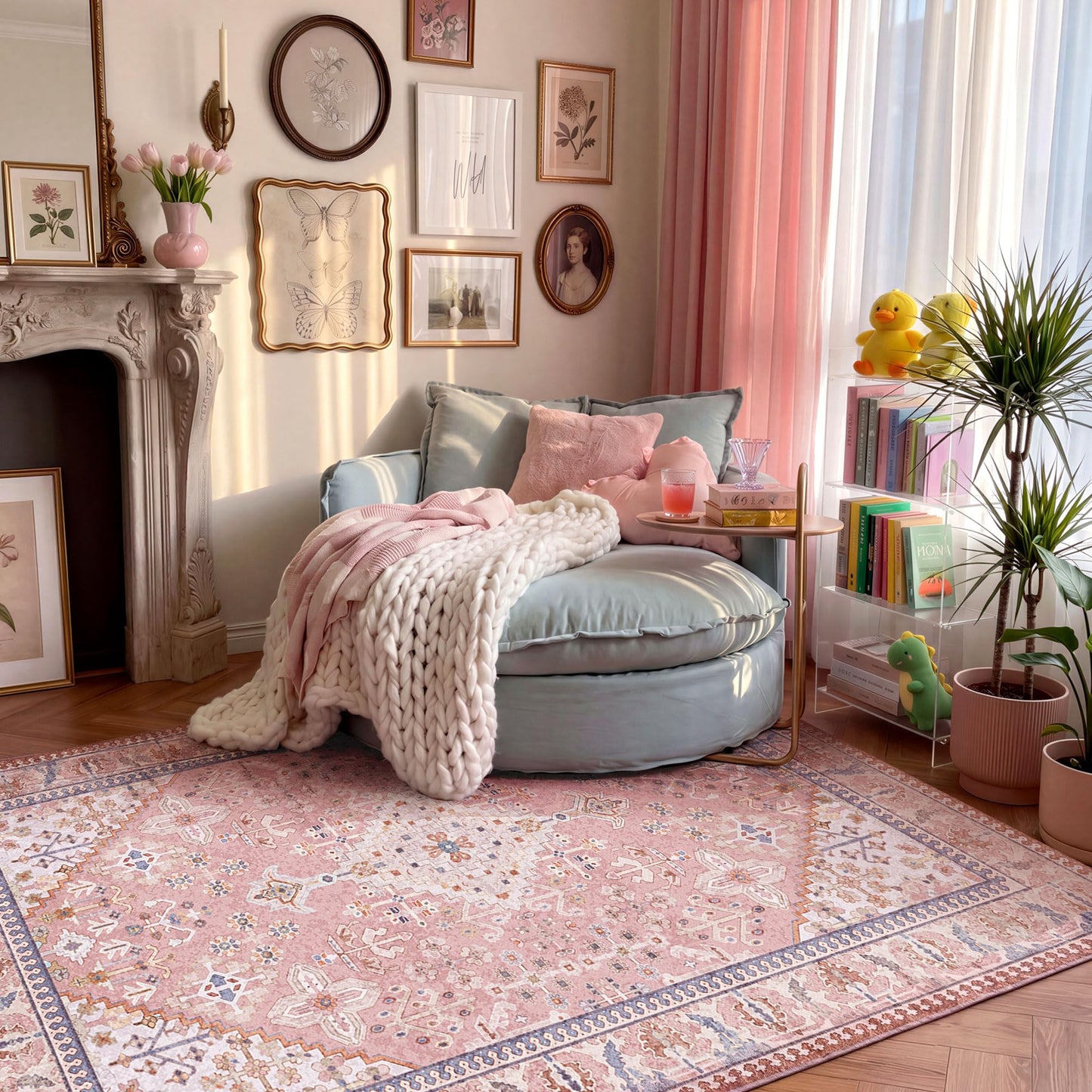 8x10 Area Rugs for Living Room, Machine Washable Low Pile Rug, Non Slip Backing Boho Rugs for Bedroom, Printed Soft Vintage Carpet Peach Pink 8 x 10