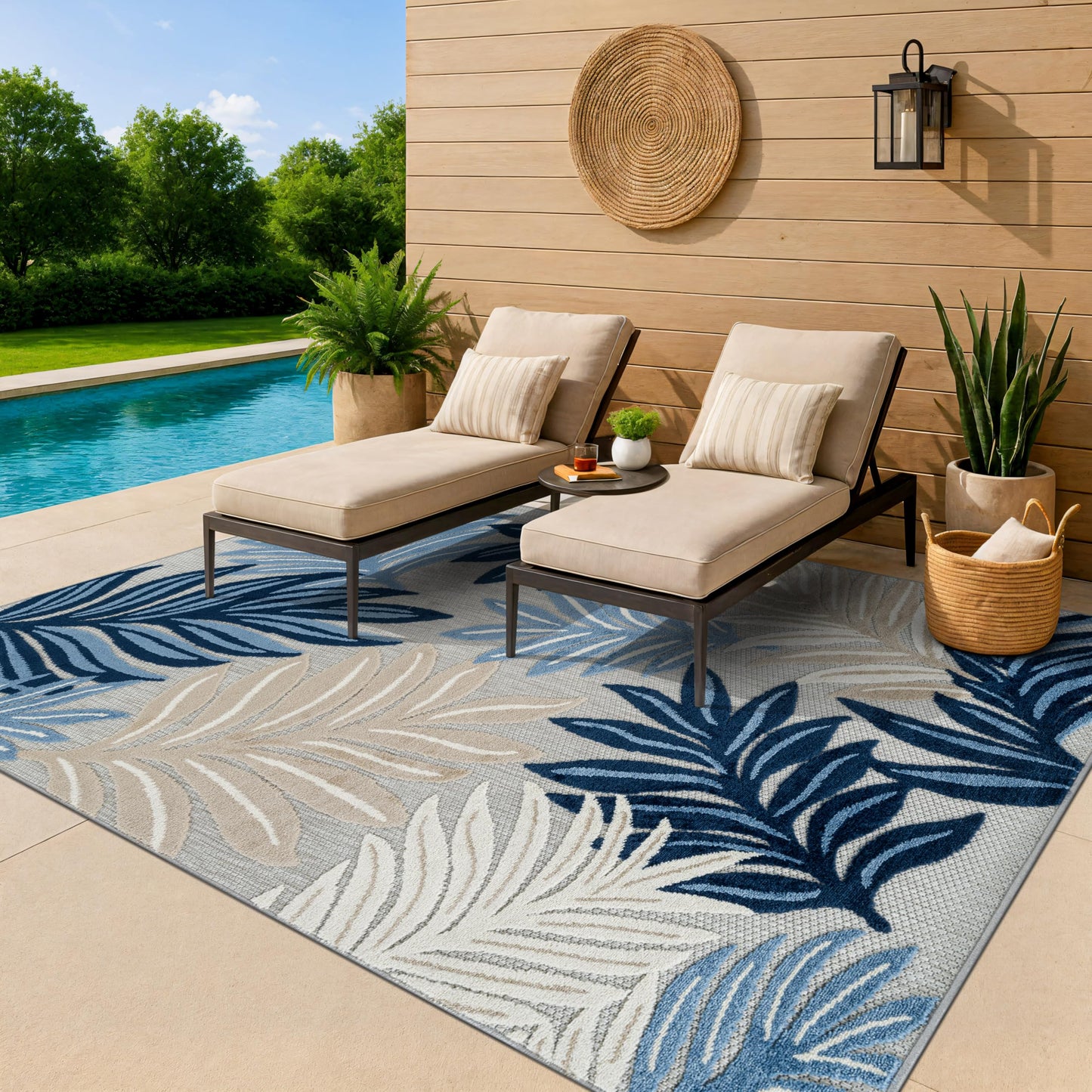 Rugshop Indoor/Outdoor High-Low Textured Area Rug, Botanical, Easy-Clean Patio Rug for Porch Deck Balcony 5' x 7' Dark Blue