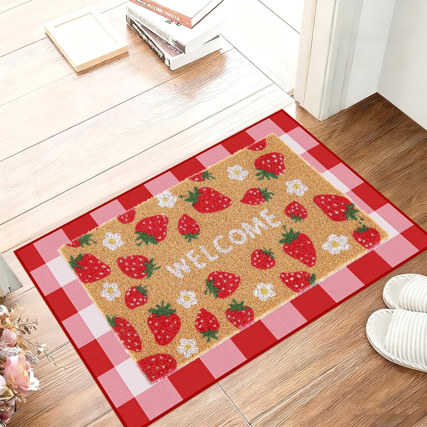 Whaline 2 Pcs Strawberry Daisy Doormat Set Floor Mat Red Pink Checkered Fruit Coir Non-Slip Front Door Rug for Spring Summer Outdoor Home Kitchen Bathroom Entrance Porch