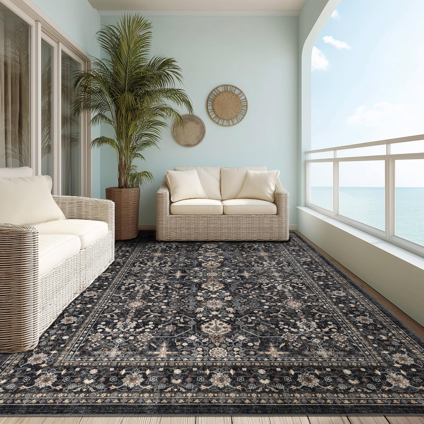 Ruaruarug Washable Area Rug 8x10 for Living Room, Bedroom, Ultra Soft Non Slip Stain & Fade Resistant, Pet & Kids Friendly, Suitable for High Traffic Areas Easy to Clean for Office Kitchen, Black Grey