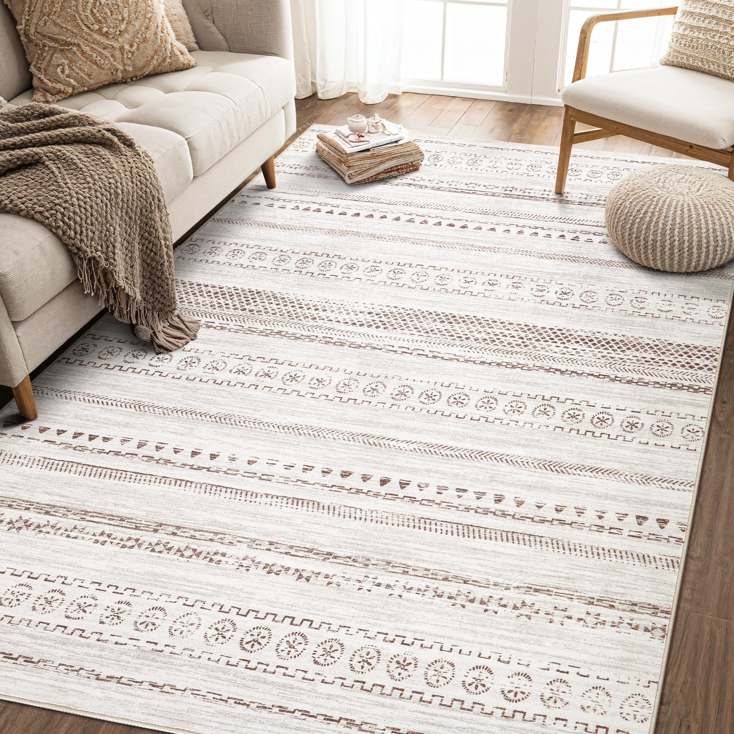 kakania 9x12 Washable Area Rug: Non Slip Soft Thin Carpet, Boho Geometric Modern Decor, Easy Clean Indoor Floor Large Rugs for Living Room Bedroom Kids Dorm Office Dining - Brown