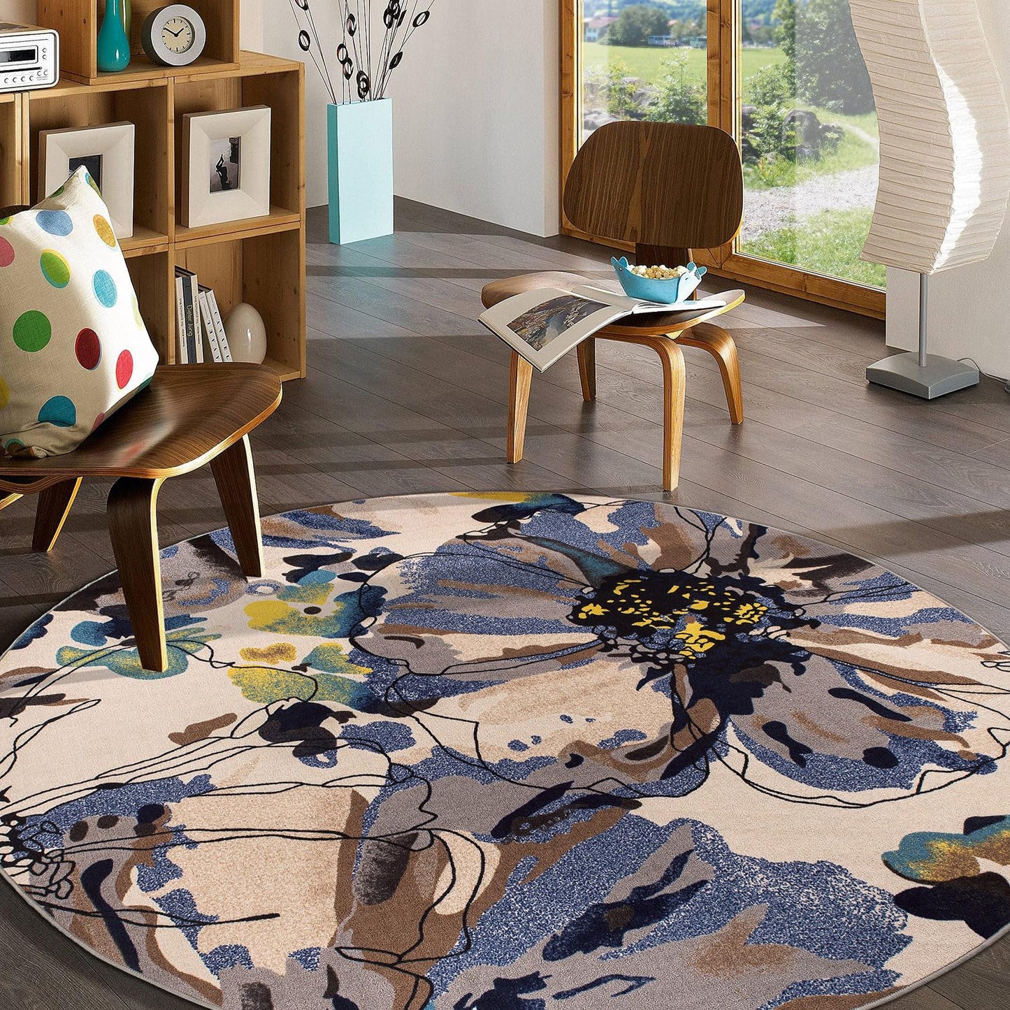 Rugshop Cream Bright Flowers Non Slip Non-Shedding Round Area Rug for Living Room, Dining Room and Bedroom, 8'