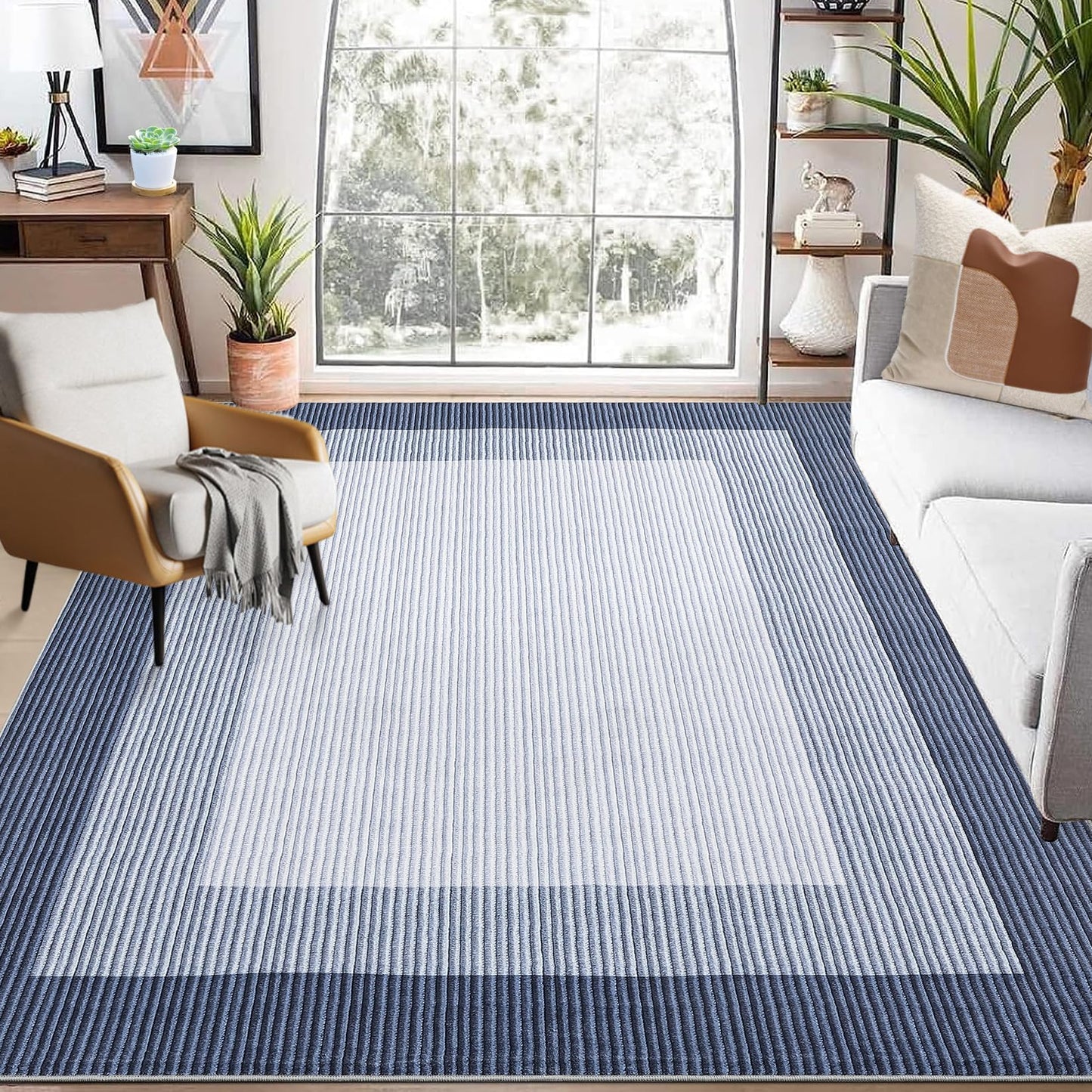 GarveeHome Washable Rug 8x10 Living Room Rugs, Modern Neutral Bordered Rug for Dining Room Solid Non Slip Low Pile Pet Friendly Large Carpet for Farmhouse Apartment Bedroom Dorm Blue