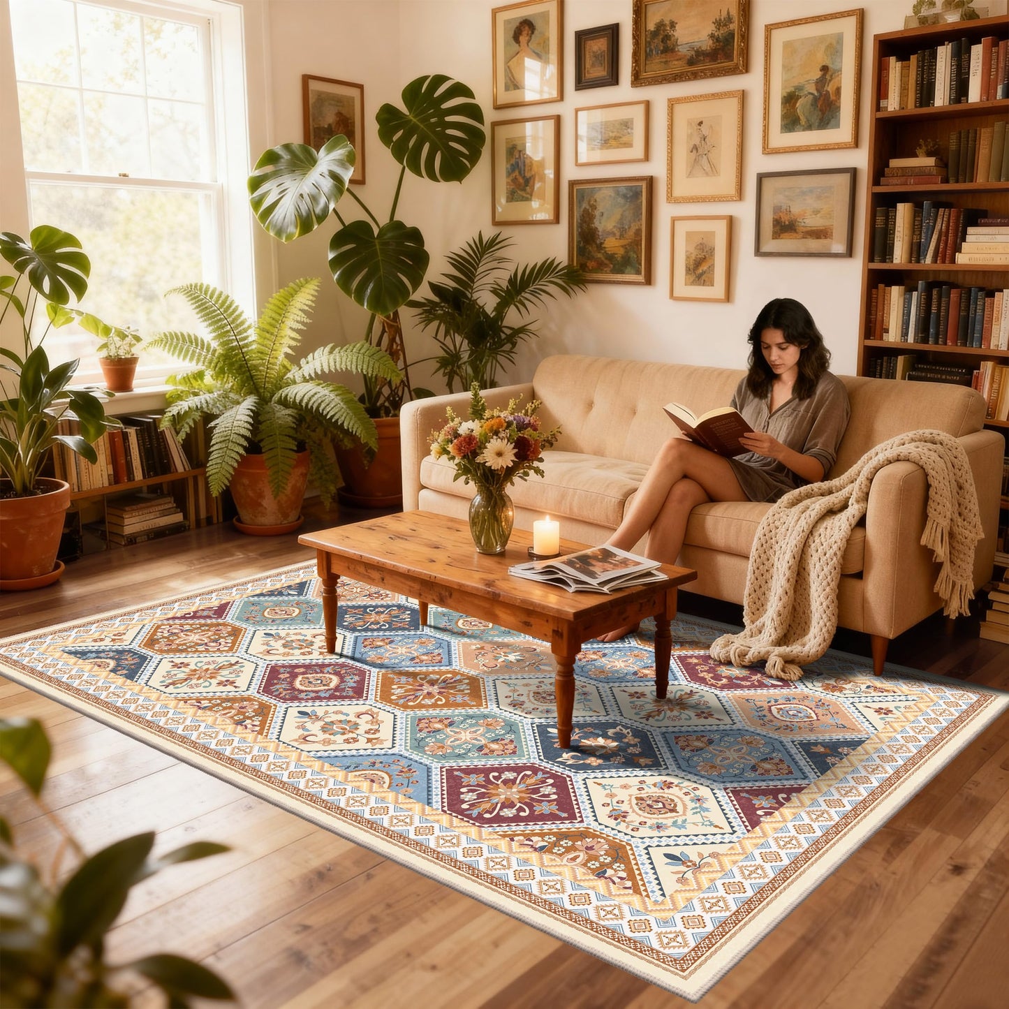 TTelephant 4x6 Area Rug, Soft Non-Slip Boho Moroccan Rug, Low-Pile Printed Indoor Washable Area Rugs for Living Room, Bedroom Bedside, Entryway, Kitchen - Multi