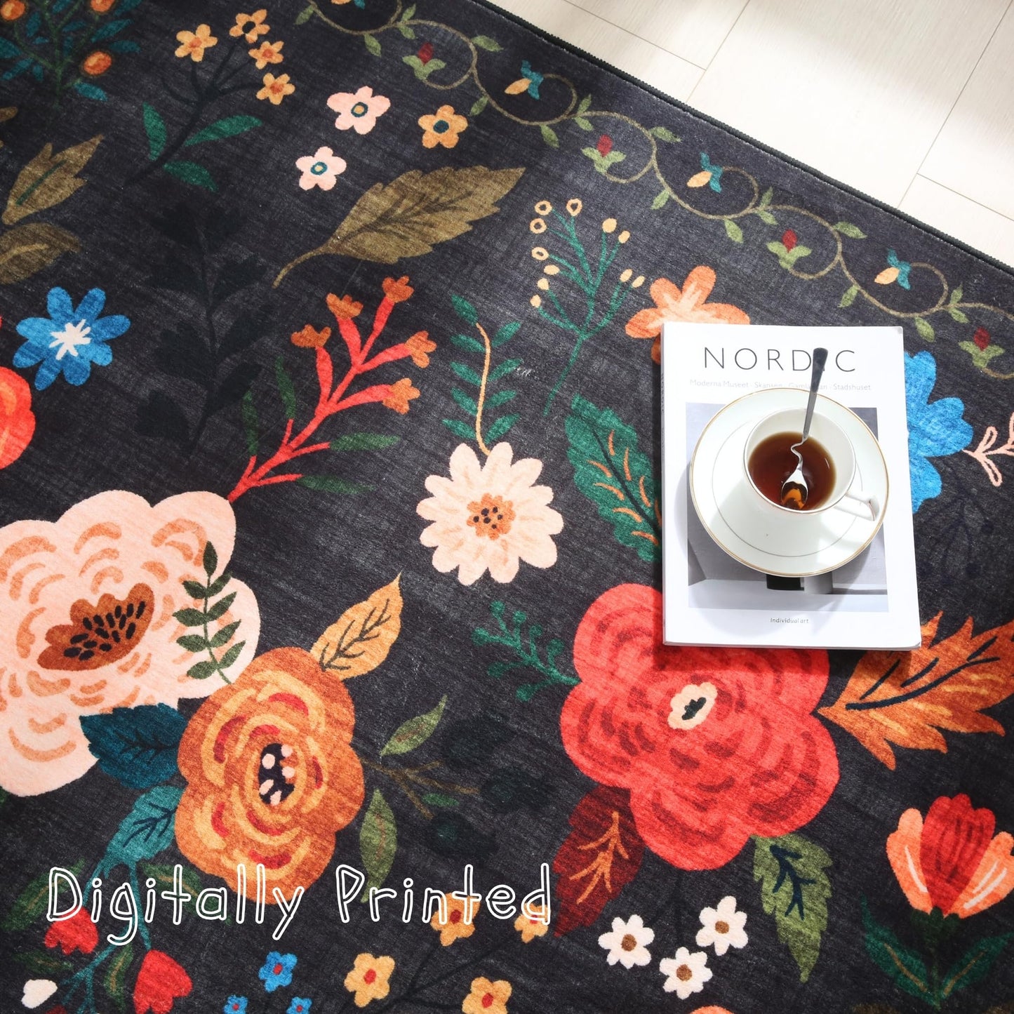 Rugcomf Living Room Rug 6x9 Rug Machine Washable Boho Area Rug Non Slip Floral Vintage Low Pile Large Rug for Living Room, Bedroom, Farmhouse, Dining Room, Kids Playroom(Black)