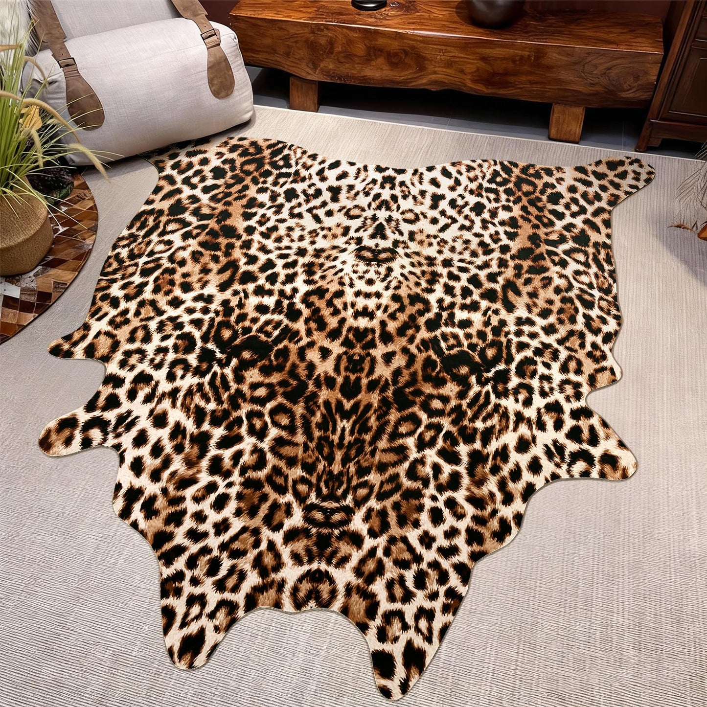 Pettop Luxury Faux Leopard Print Rug 4.6x5.2 Ft - Western Cheetah Area Rugs for Living Room, Bedroom, Farmhouse - Premium Western Faux Fur Carpet, Non-Slip Animal Hide Throw Rugs, Dark Brown