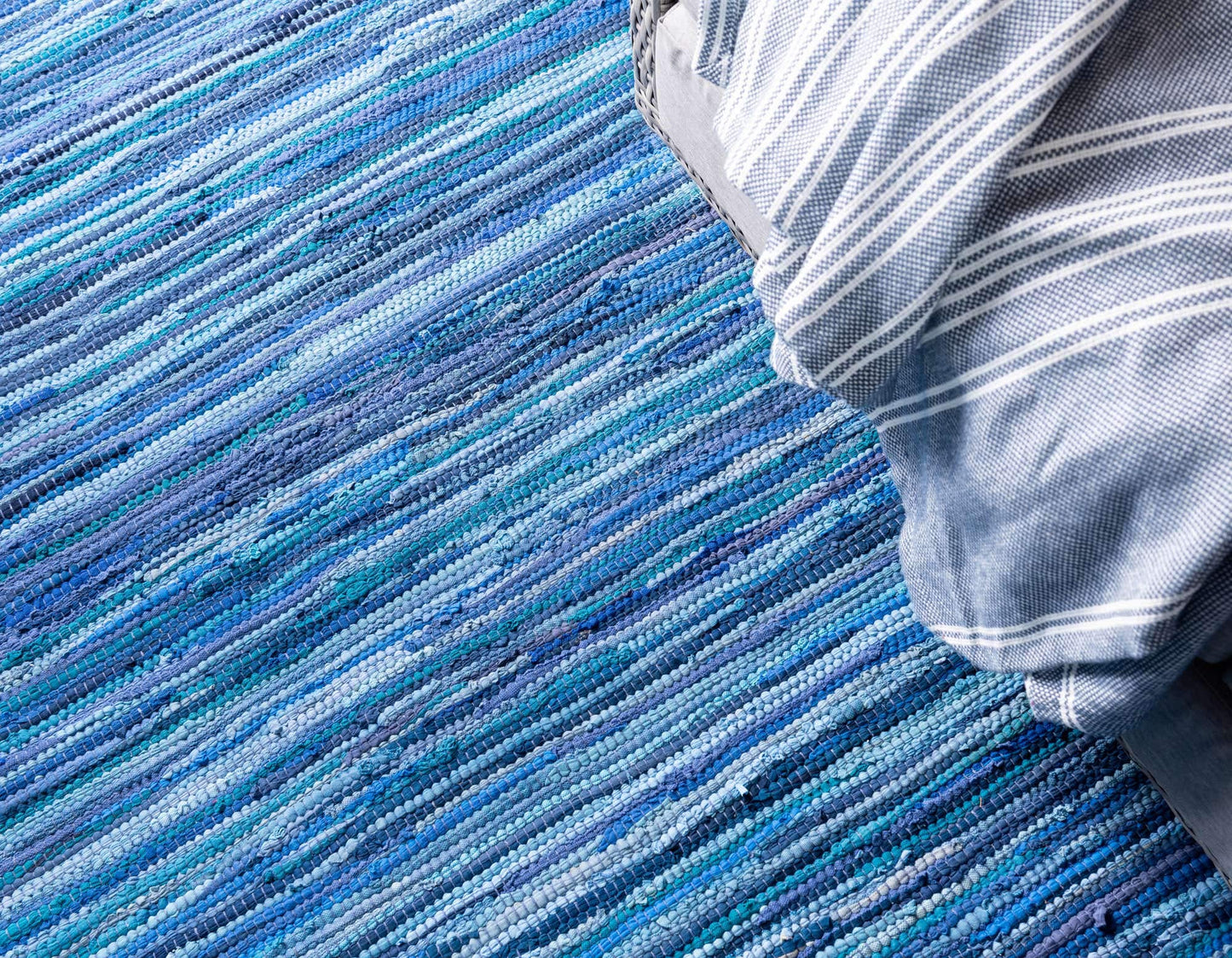 Unique Loom Chindi Cotton Collection Soft Hand Woven Natural Fiber Striped Area Rug, 2 ft 7 in x 9 ft 10 in, Navy Blue/Ivory