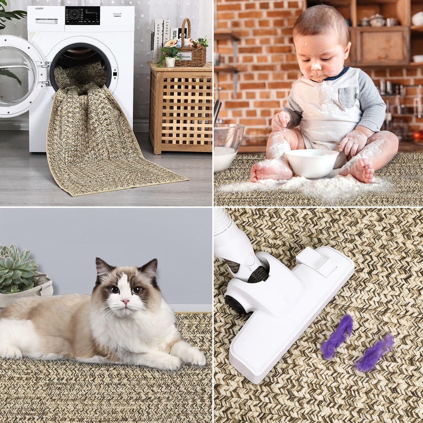 ROYHOME Washable Area Rug 5x7 Print Braided Machine Washable Rug Solid Printed Textured Carpet Stain Resistant Non-Slip Farmhouse Floor Cover for Living Room Dining Bedroom Decor, Linen