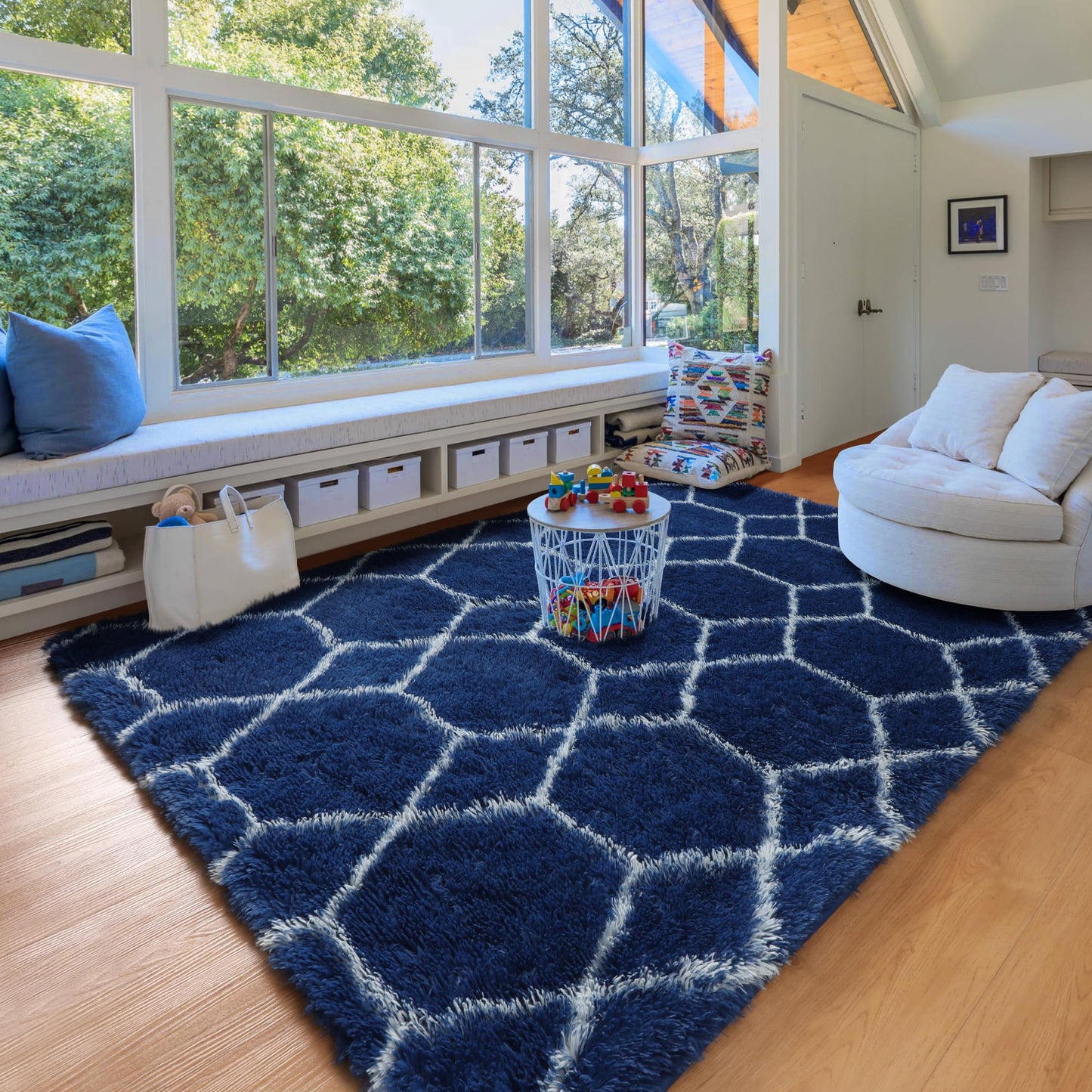 ONASAR Area Rugs for Bedroom Living Room, 4x6 Fluffy Navy Blue and White Throw Rug for Home Decor, Geometric Soft Shaggy Plush Floor Carpet for Kids Girls Boys Teen Nursery Dorm Office