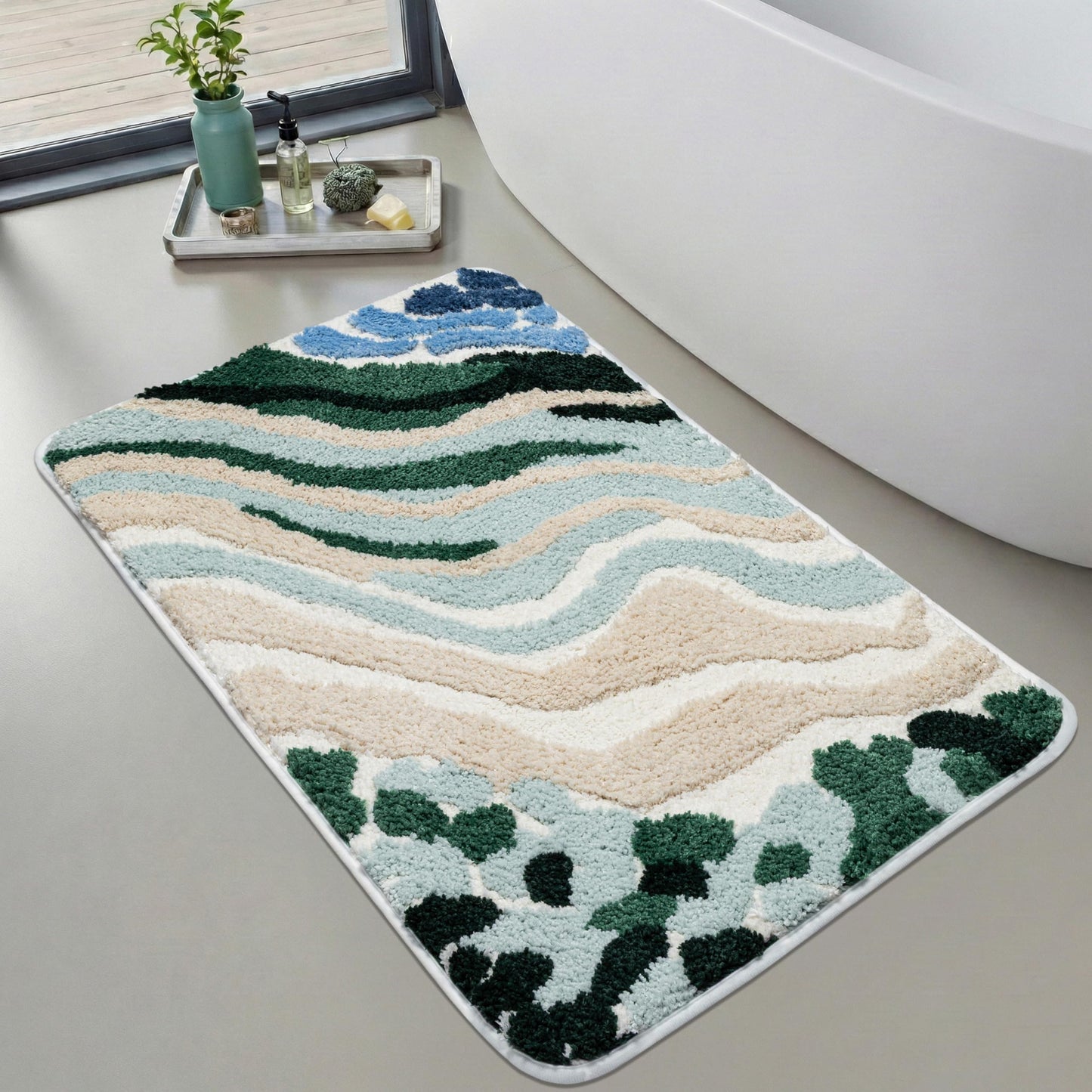 Cevolyn Blue Green Beach Bathroom Rug, Non-Slip Ultra Soft Microfiber Cute Coastal Bath Mat, Absorbent 3D Tufted Ocean Wave Decor for Floor, Shower, Tub, Machine Washable, 20"x32"
