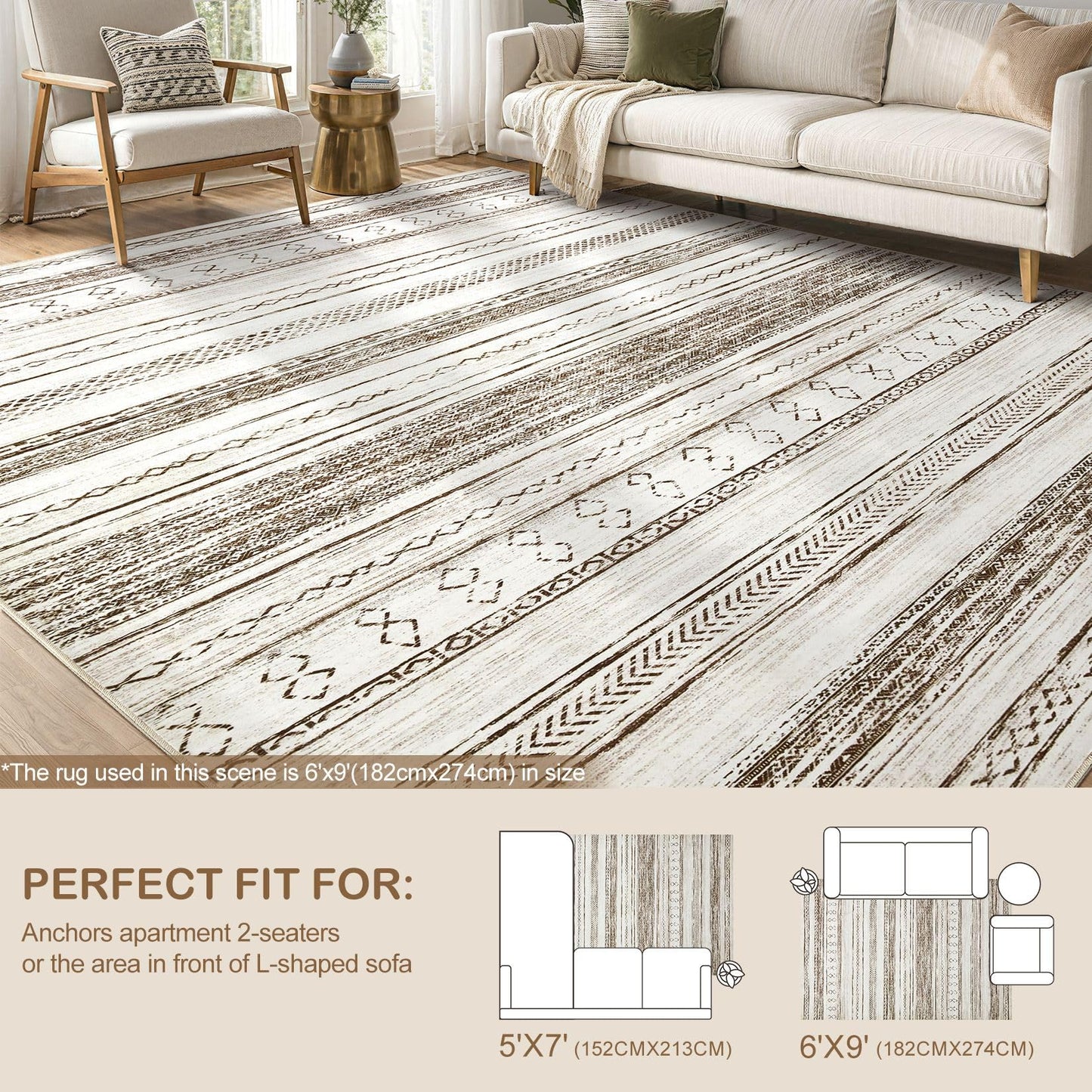 Tortania Area Rug Living Room Rugs - 5x7 Washable Large Soft Neutral Boho Moroccan Bohemian Farmhouse Rug Indoor Floor Carpet for Bedroom Under Dining Table Home Office Decor - Cream Brown