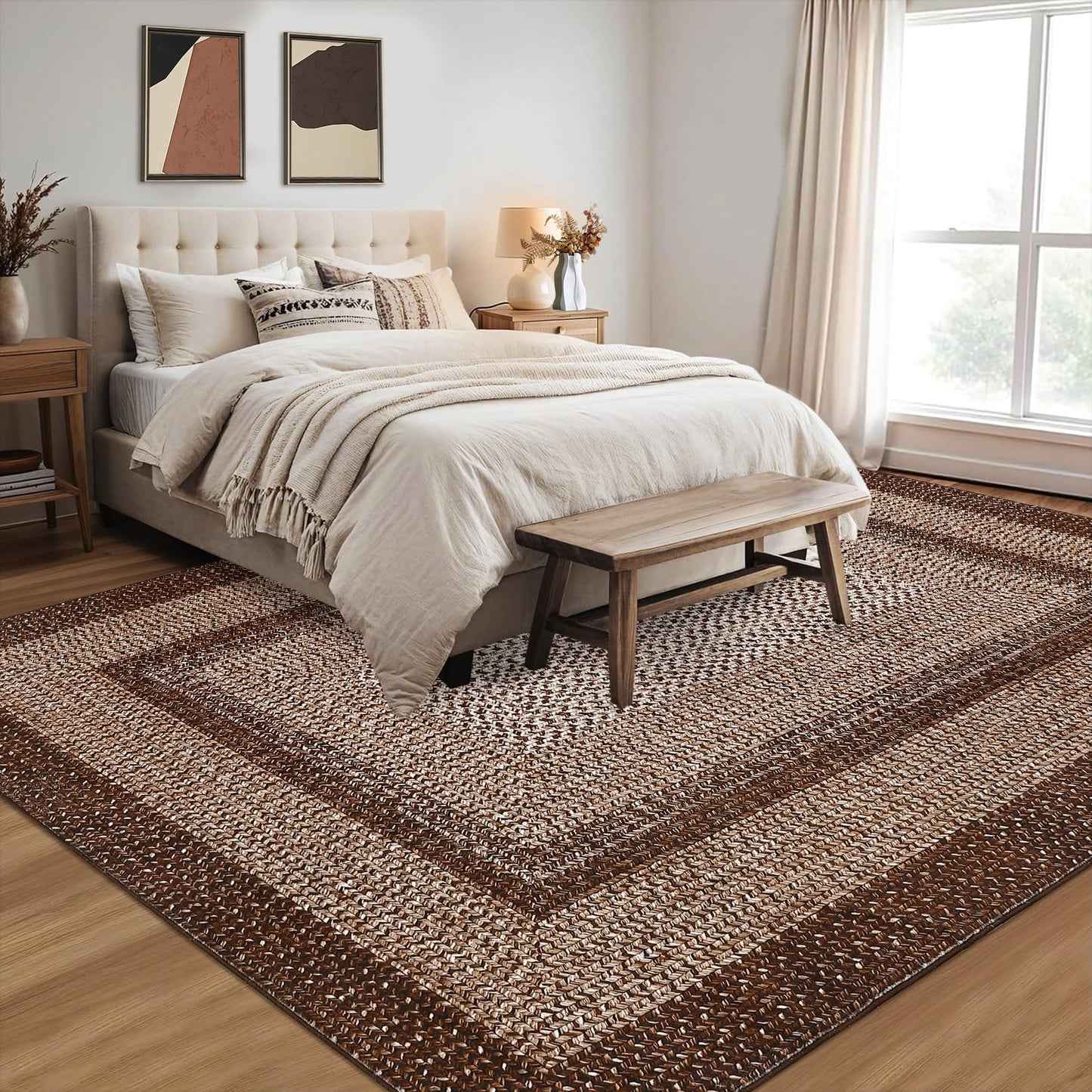 RUGSREAL 8x10 Area Rug Washable Large Living Room Rug Non Slip Farmhouse Rustic Floor Carpet Boho Accent Bedroom Rug Modern Geometric Throw Floor Cover Bohemian Border Carpet, Brown