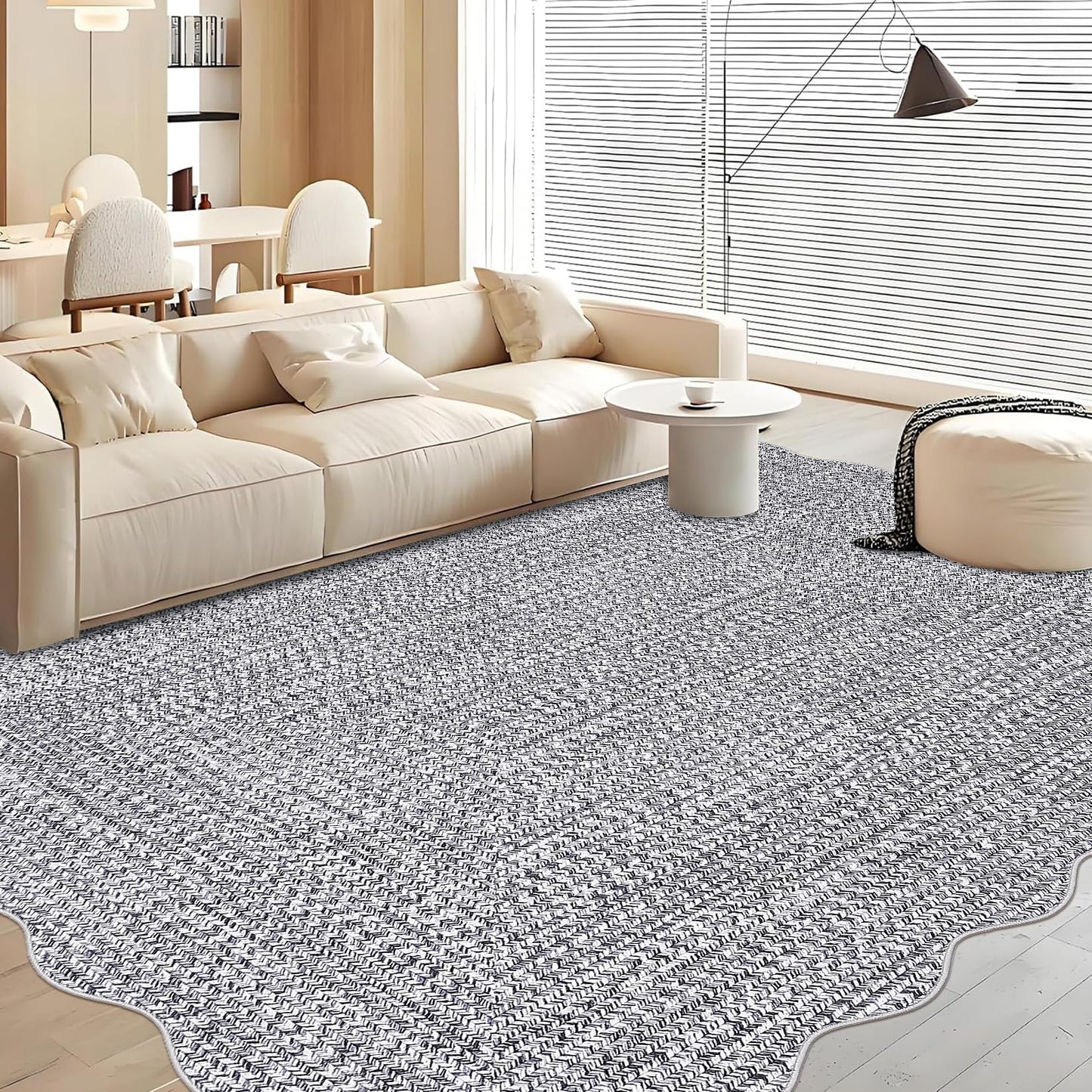 GlowSol Washable Rug 5x7 Farmhouse Scalloped Rug with Non Slip TPR Backing, Low Pile Non Shedding Rugs, Soft Solid Rugs Foldable Mat for Living Room Nursery Dining Room, Grey