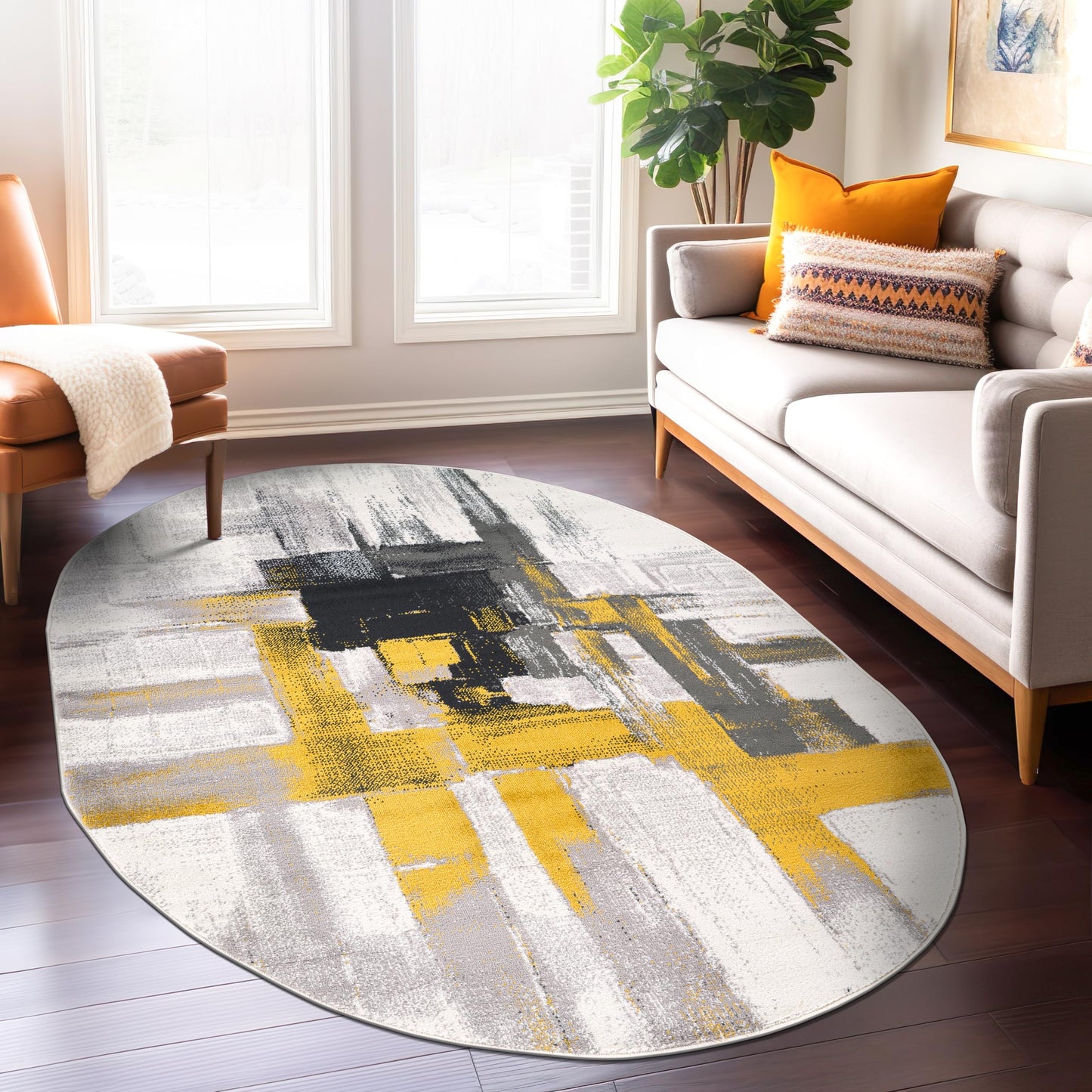 Rugshop Gold Modern Abstract Oval Area Rug — Non-Shedding for Dining Room, Living Room and Bedroom 5' x 7' Oval