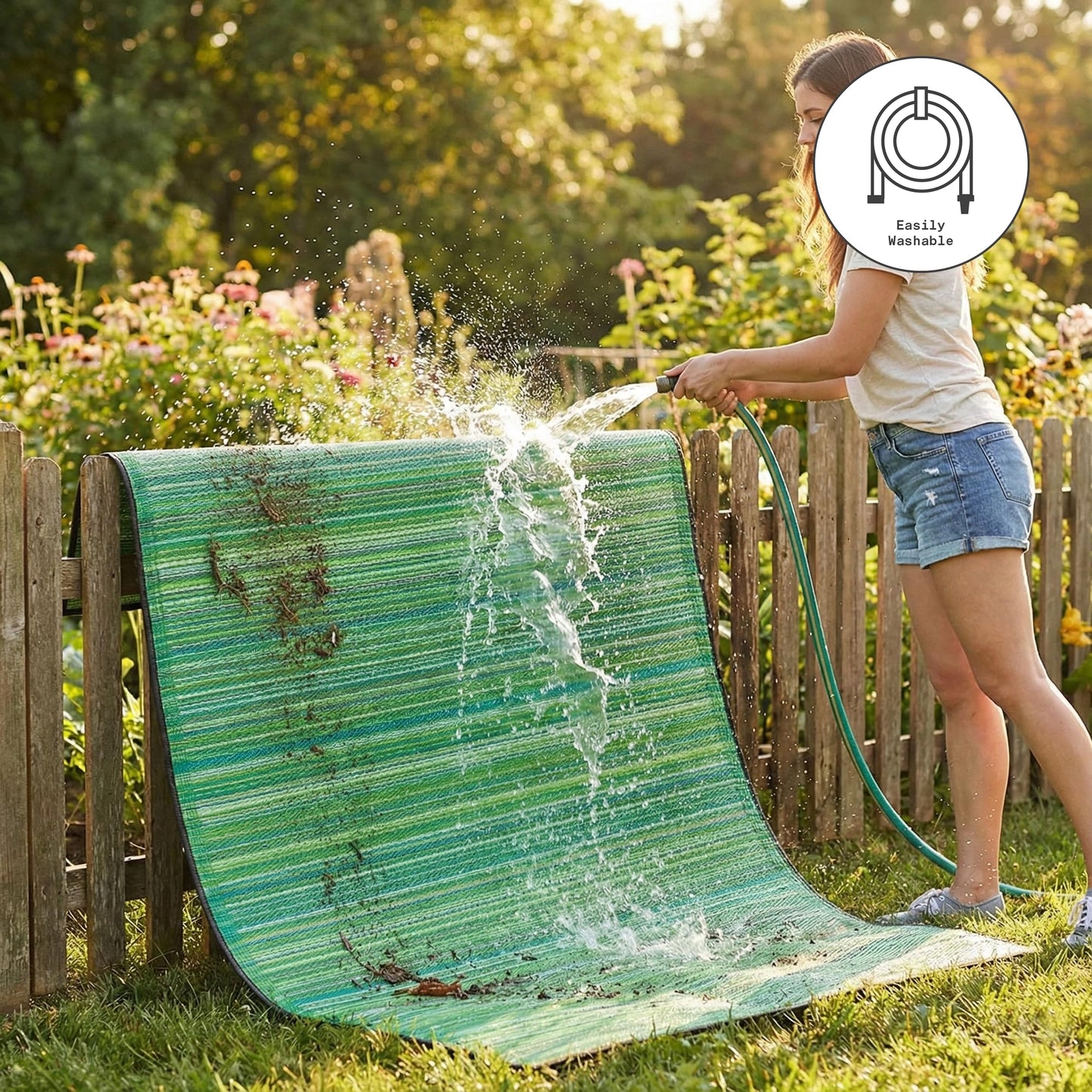 Fab Habitat Outdoor Rug - Waterproof, Fade Resistant, Crease-Free - Premium Recycled Plastic - Striped - Patio, Porch, Deck, Balcony - Cancun - Green - 5 x 8 ft