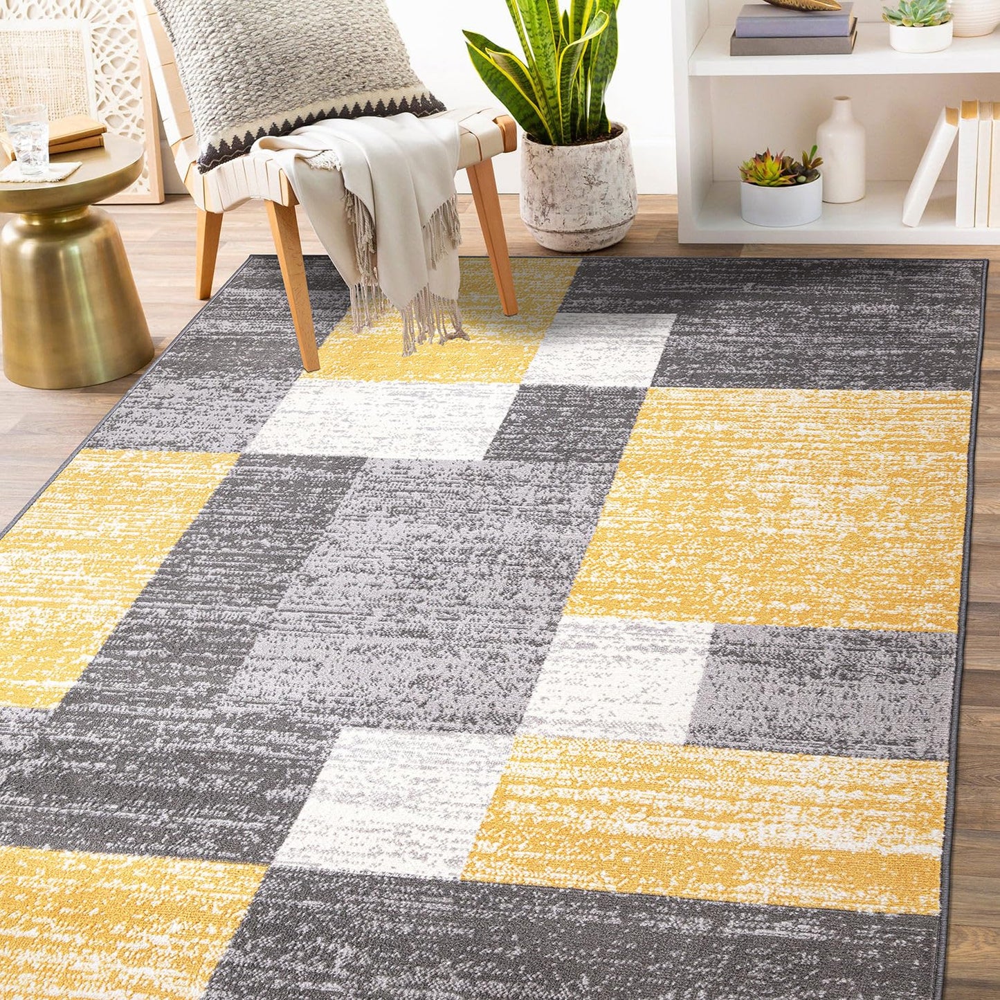 Rugshop Oslo Modern Yellow Area Rug, Geometric Boxes Design, Carpet with Jute Backing for Living Room or Bedroom, 7'10" x 10'