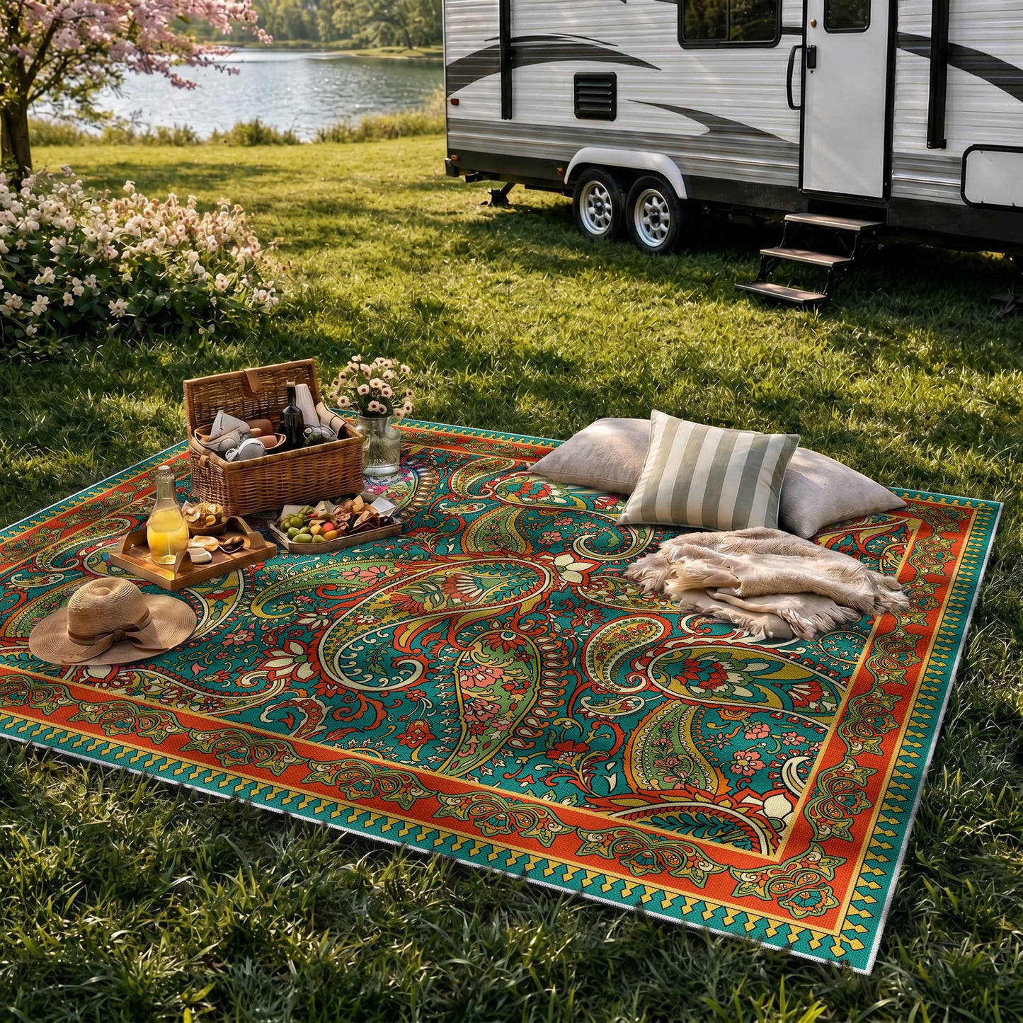 Arenarug Paisley Outdoor Rug Waterproof 5x8, UV Resistant Non Slip Patio Rug, Indoor Outdoor Boho Camping Rug Linen-Look RV Carpet for Deck Balcony Backyard, Terracotta