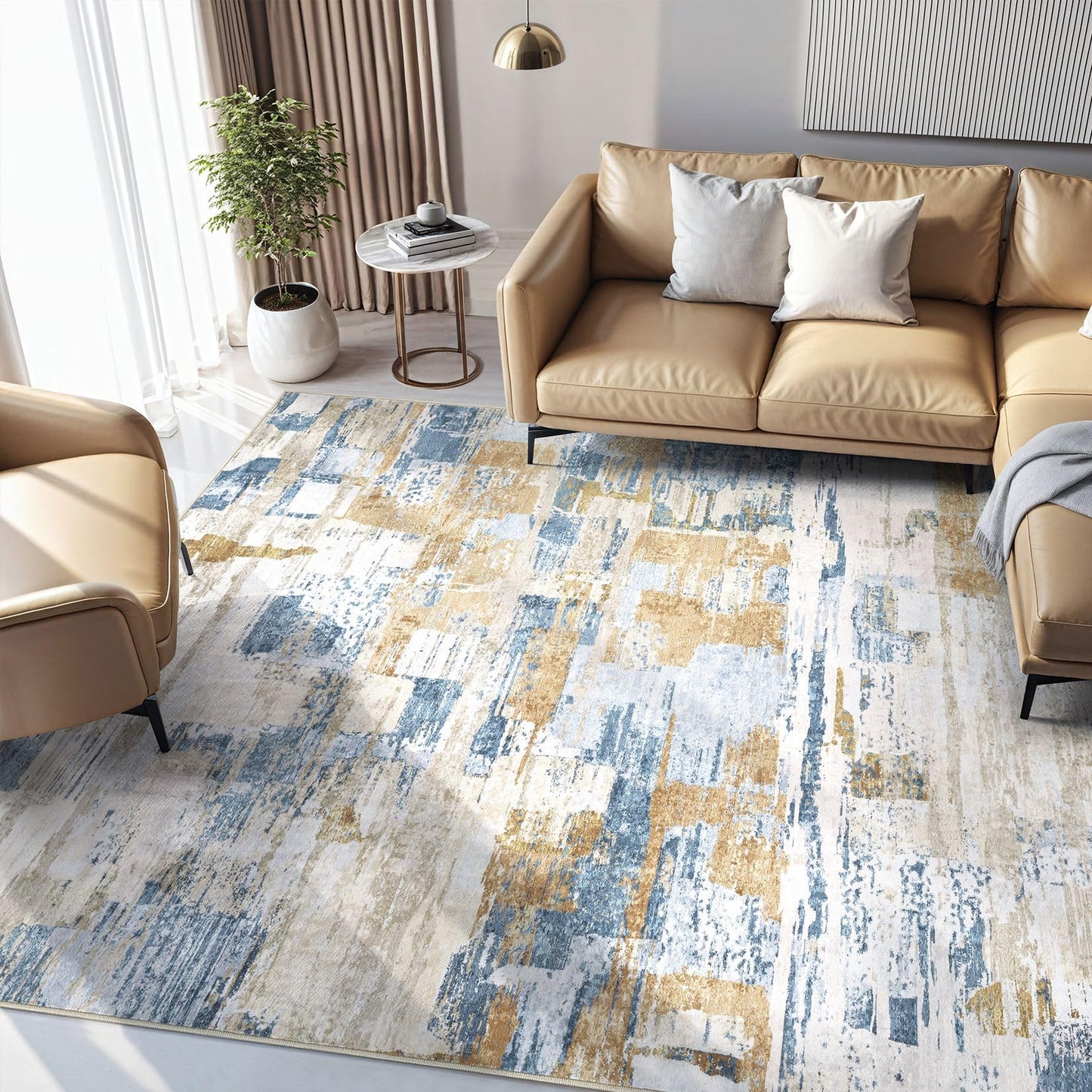 kakania 6x9 Washable Area Rug - Abstract Soft Non-Slip Modern Low-Pile Carpet for Living Room Bedroom Office Dorm, Kid Pet Safe Robot Vacuum Friendly - Blue