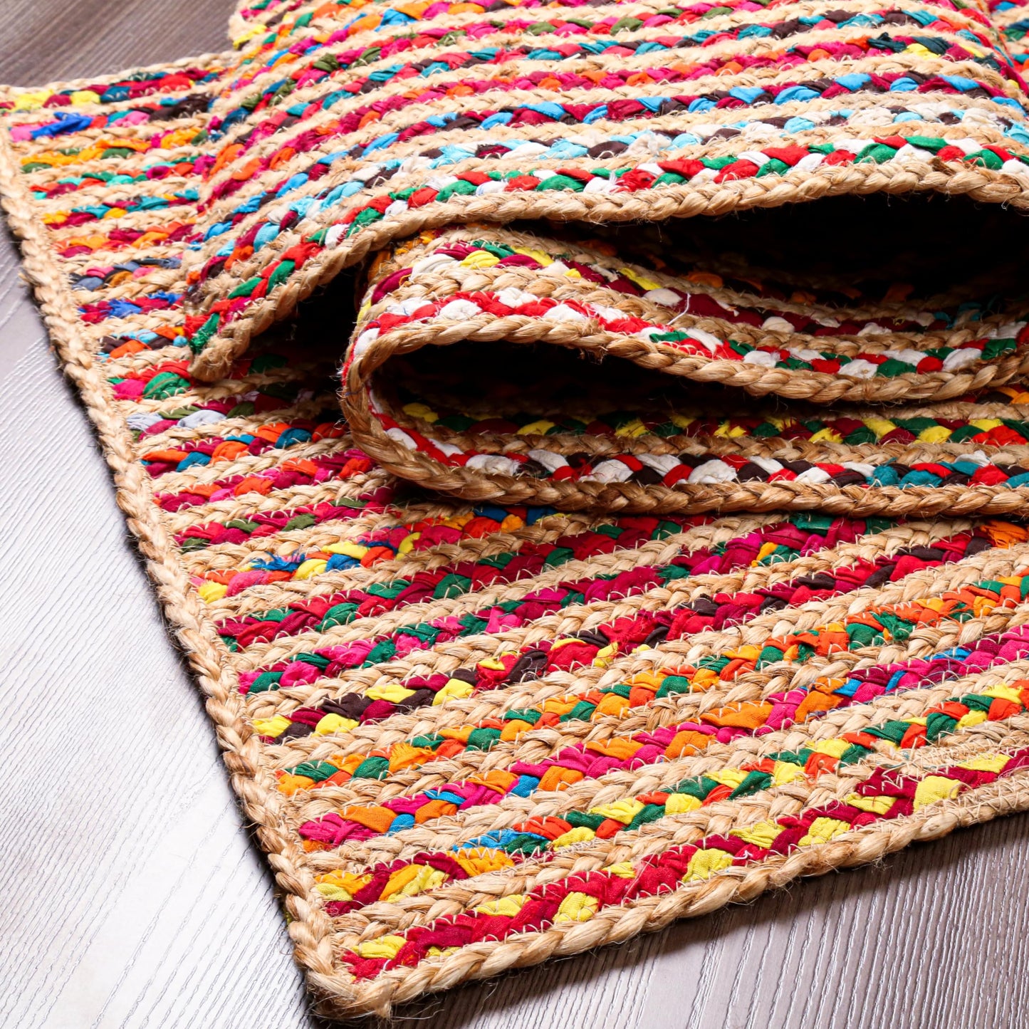 Hausattire Bohemian Braided Rug 2'x3' - Multi Color, Small Farmhouse Jute Cotton Area Rag Rugs for Entryway, Kids Playroom, Front Door | Colorful Hand Woven Reversible Accent Mat - 24x36 Inch