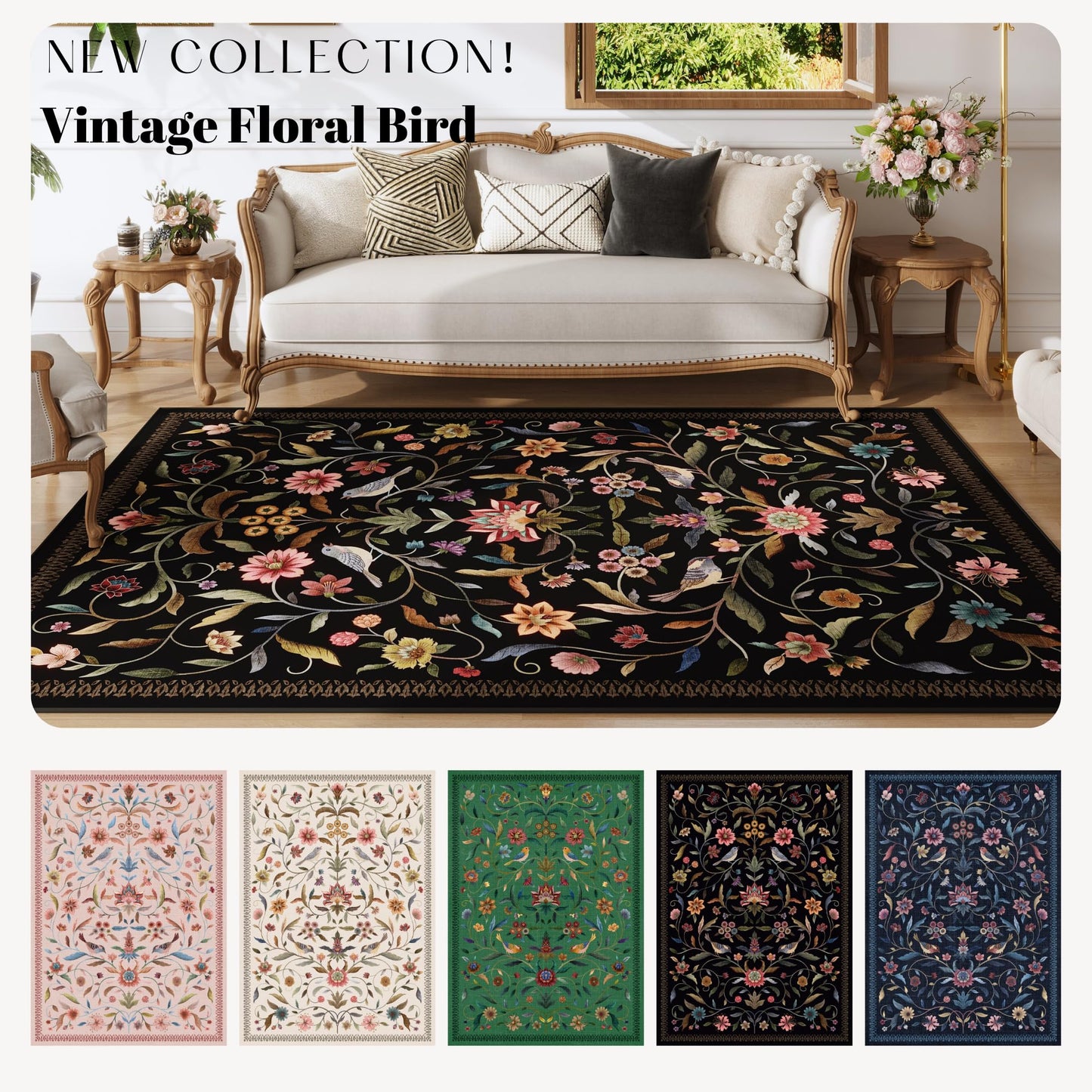 Vowkten Vintage Medallion Floral 3x5 Washable Rug, Soft Low Pile Area Rug, Non-Slip Carpet for Bedside, Bedroom, Bathroom, Entryway, Kitchen, Office, Kids/Girls Room | Black
