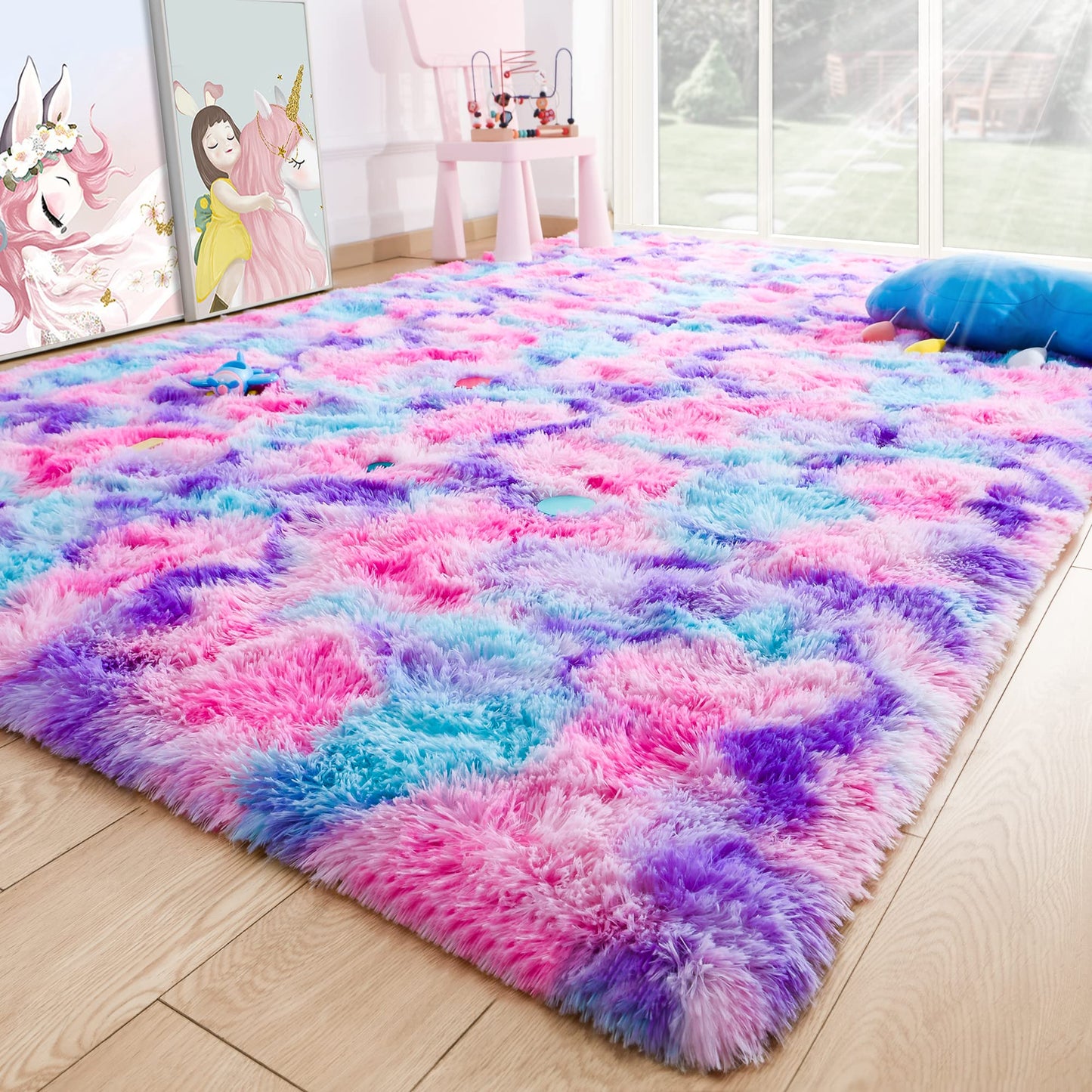 5x7 Large Tie-Dyed Pink Purple Blue Area Rug for Kids Living Room Bedroom, Fluffy Shag Soft Plush Furry Carpet, Non-Slip Indoor Floor Mat for Dining Room Home Decor