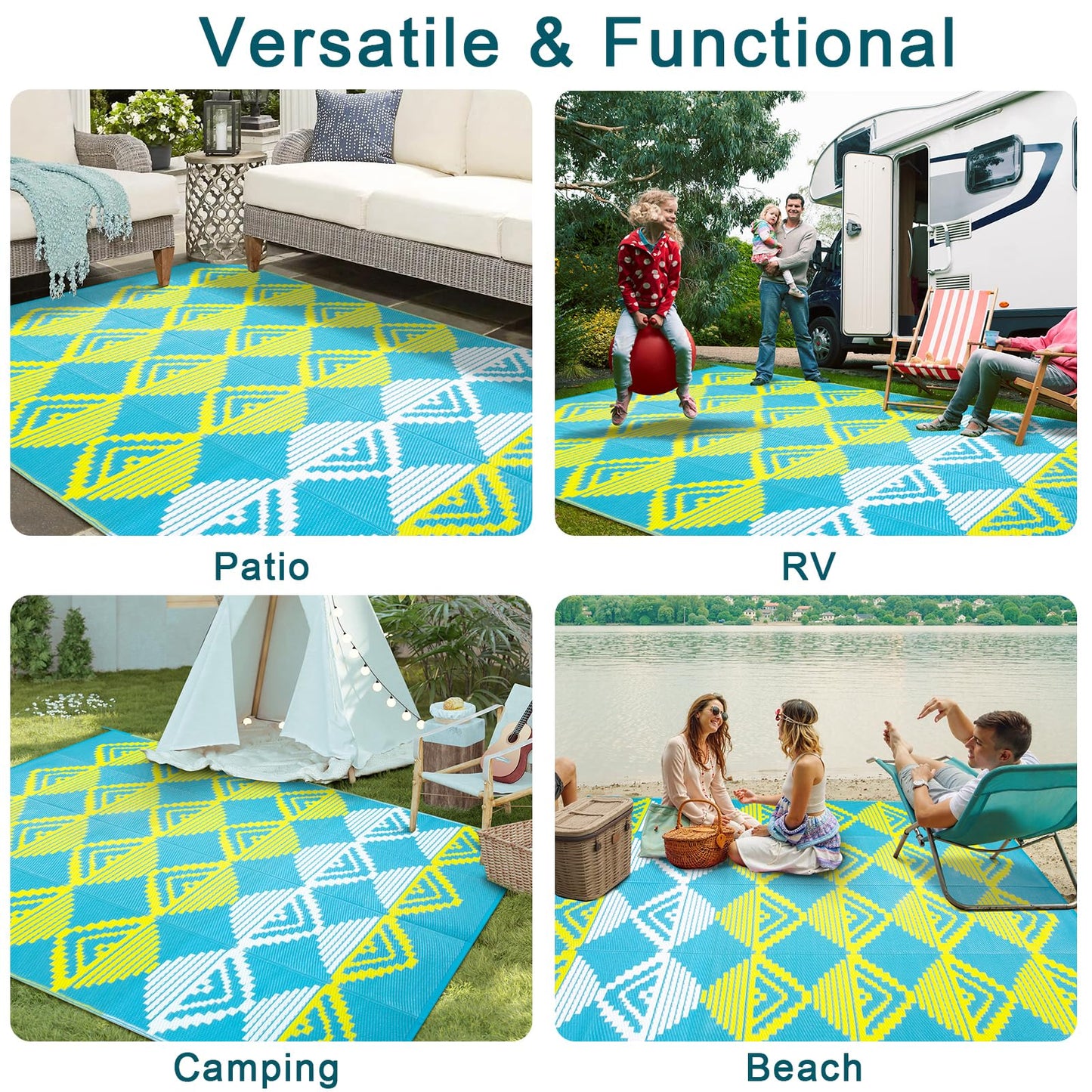 Beeiva Large Outdoor Rug 9x12 Waterproof for Patio, Reversible Outdoor Patio Rug for Backyard, Deck, Blue Yellow