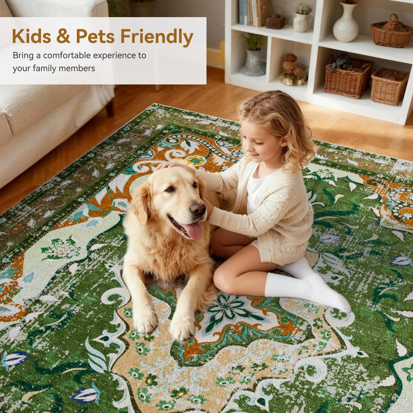 RUSHUFFY 6x9 Washable Area Rugs for Living Room, Non-Slip Boho Vintage Traditional Medallion Print Pattern Carpet for Bedroom Dining Room Farmhouse Nursery Room, Dark Green